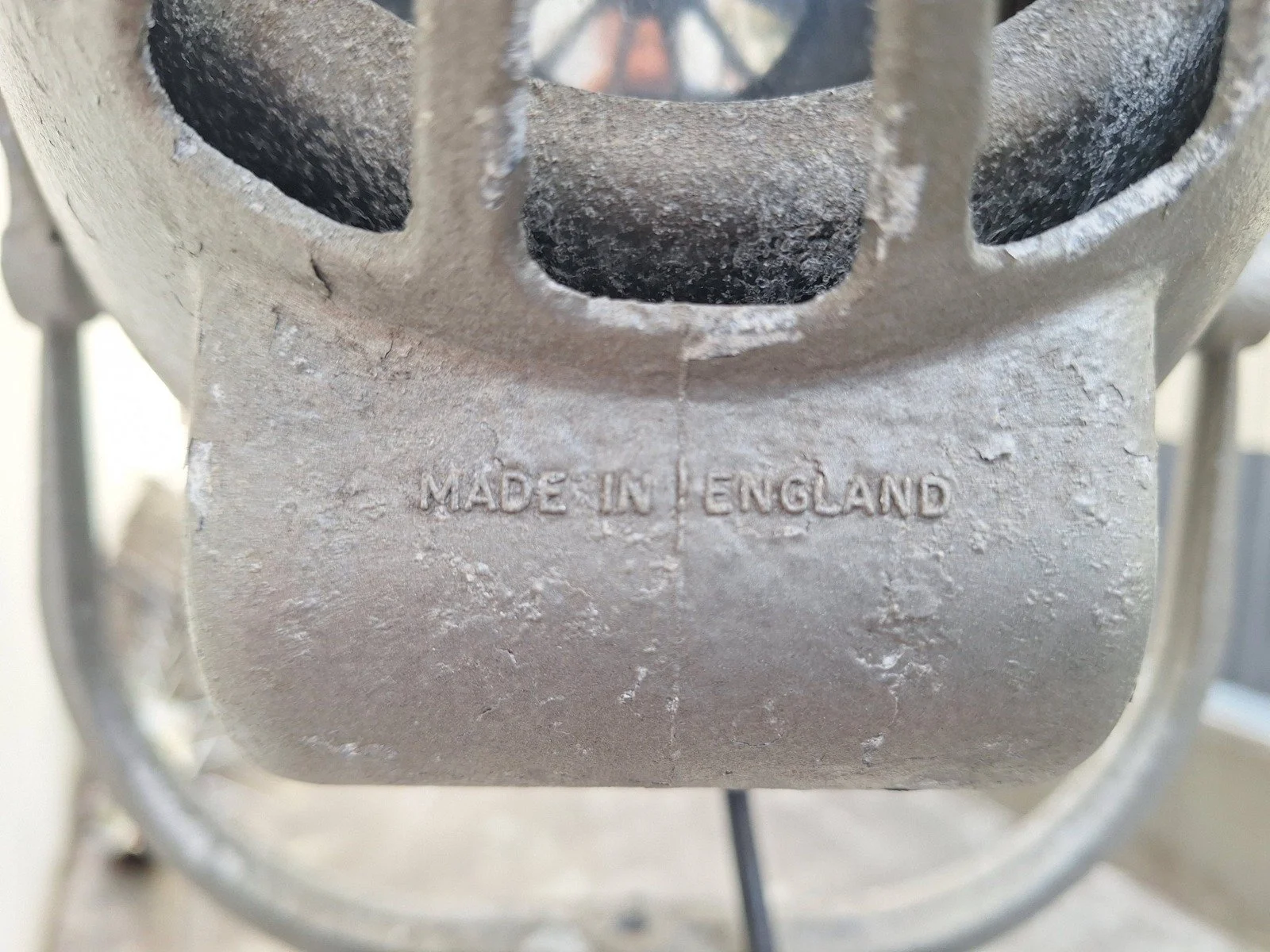 Close-up of the Made in England mark on lamp No. 1.