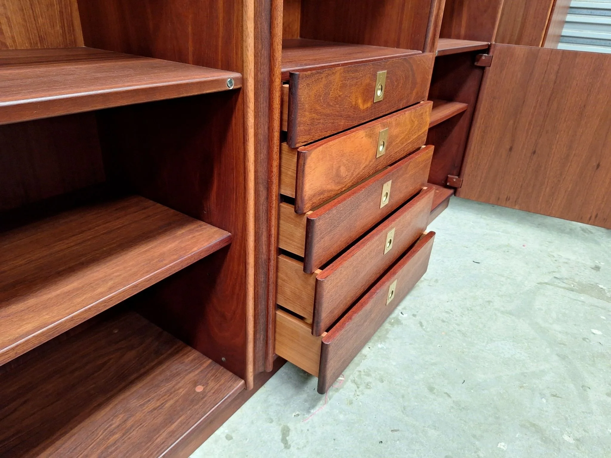 kush interiors mid-century teak wall unit drawers