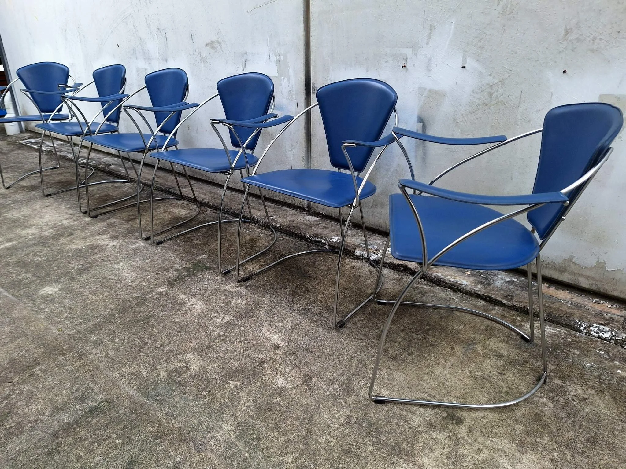 postmodern blue chrome dining chairs set front angle 2
