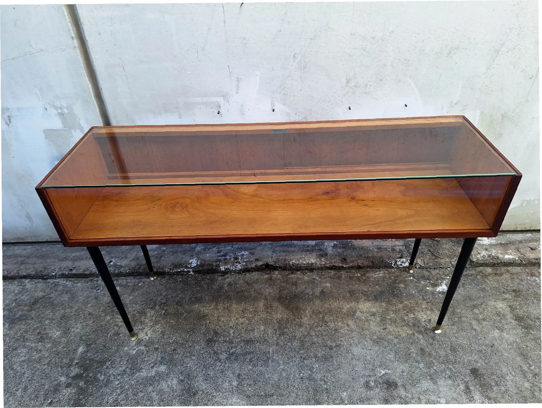mid-century glass display cabinet top angle