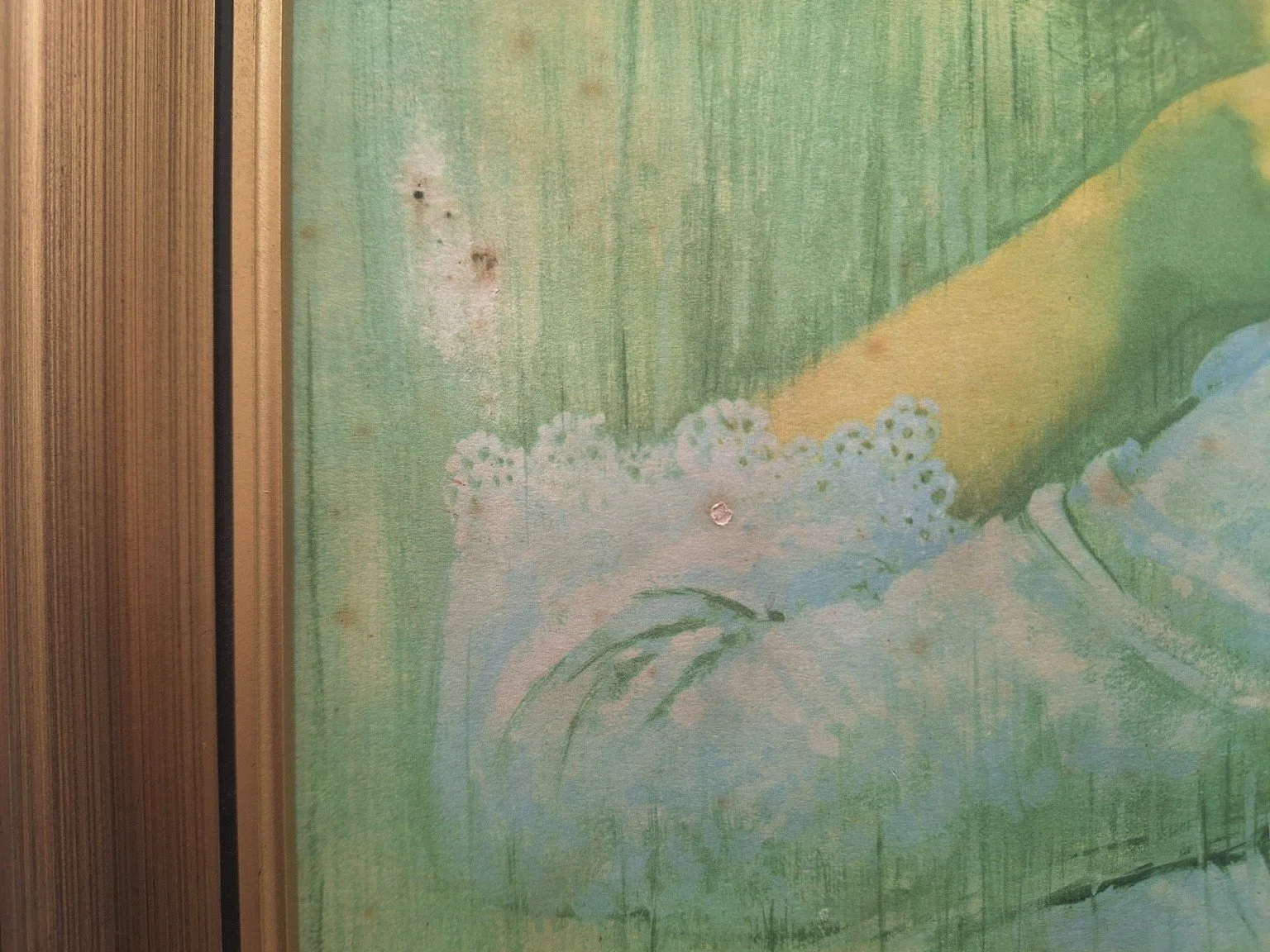 Close view of spotting and surface loss beside the sleeve and on the pale blue blouse.