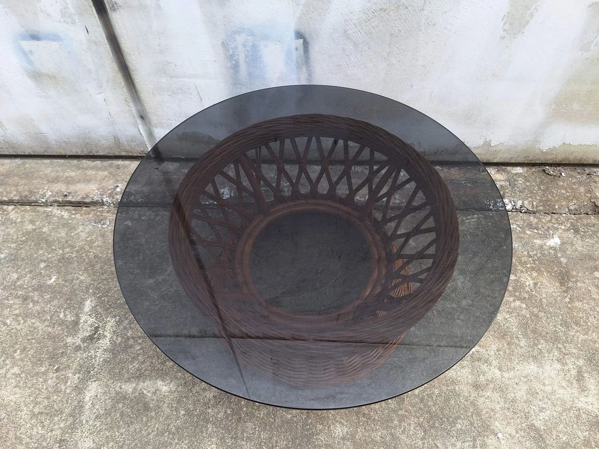 Vintage cane coffee table with smoked glass top