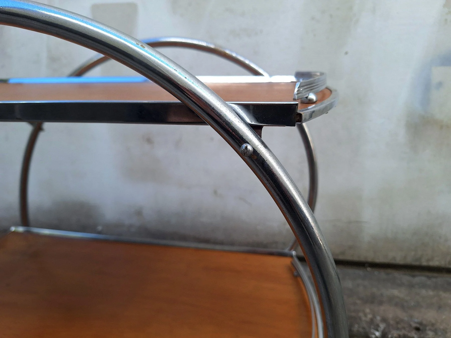 Areas of chrome loss on vintage Ranleigh drinks trolley frame
