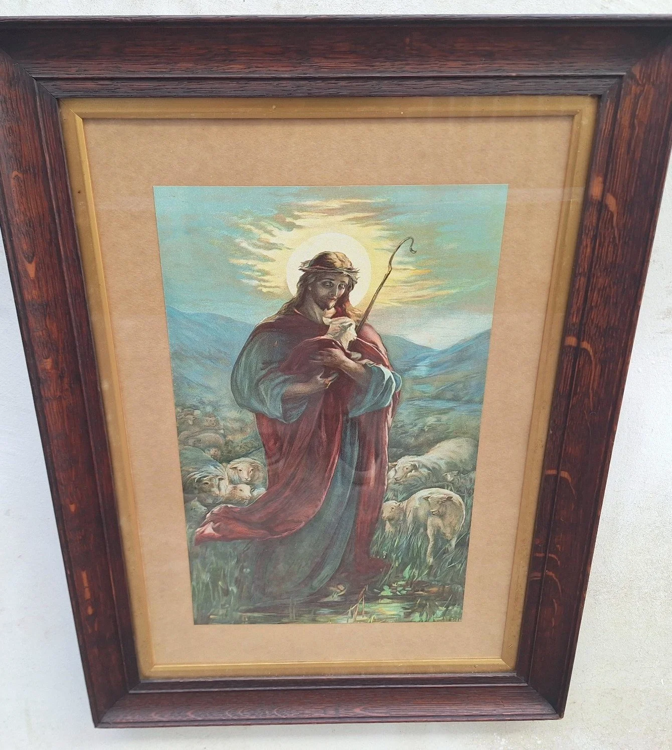 Vintage Good Shepherd Jesus print with lambs in a silky oak frame