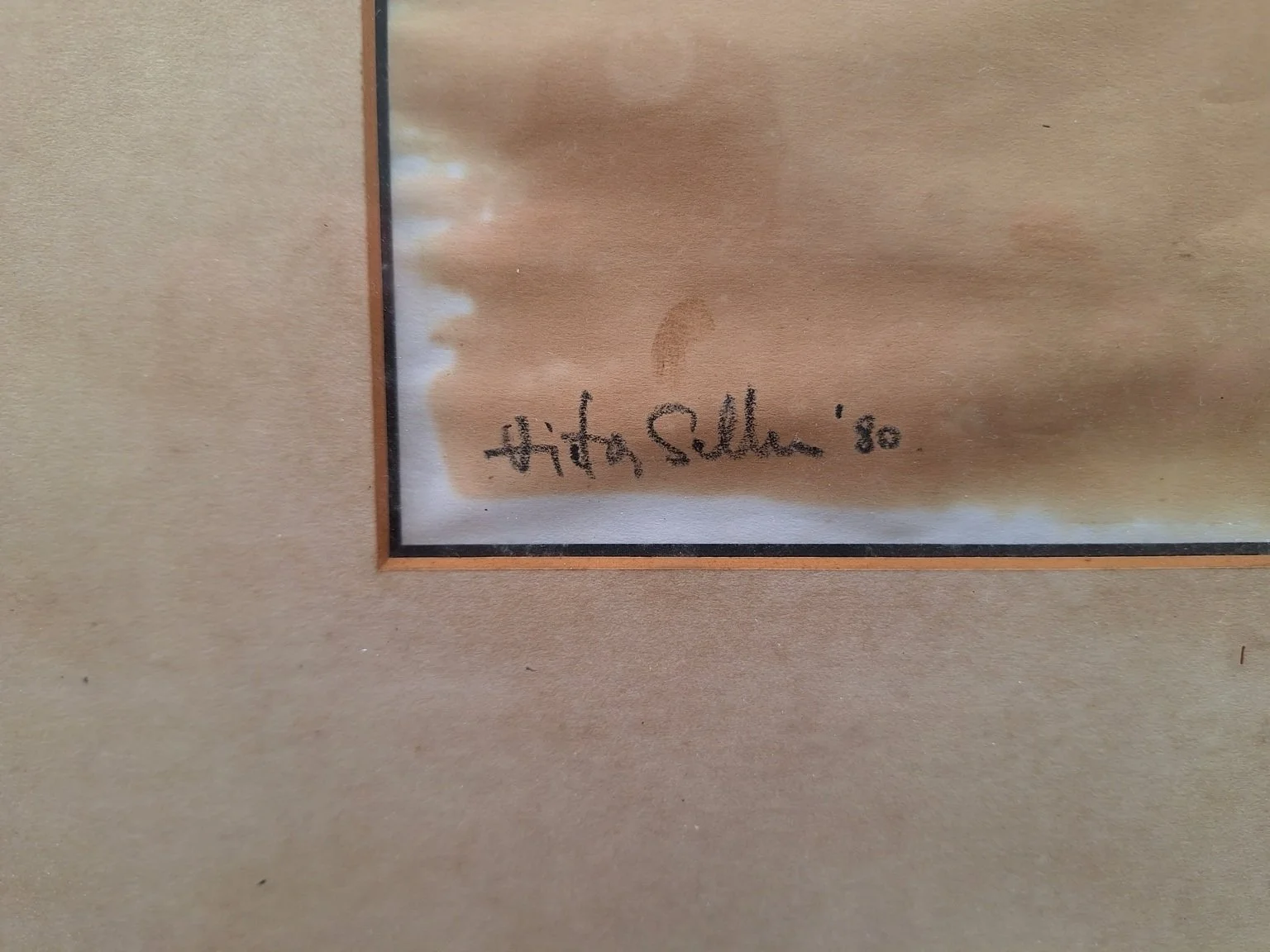 Close view of the lower-left signature and date inscription reading 80, with visible paper texture and spotting.