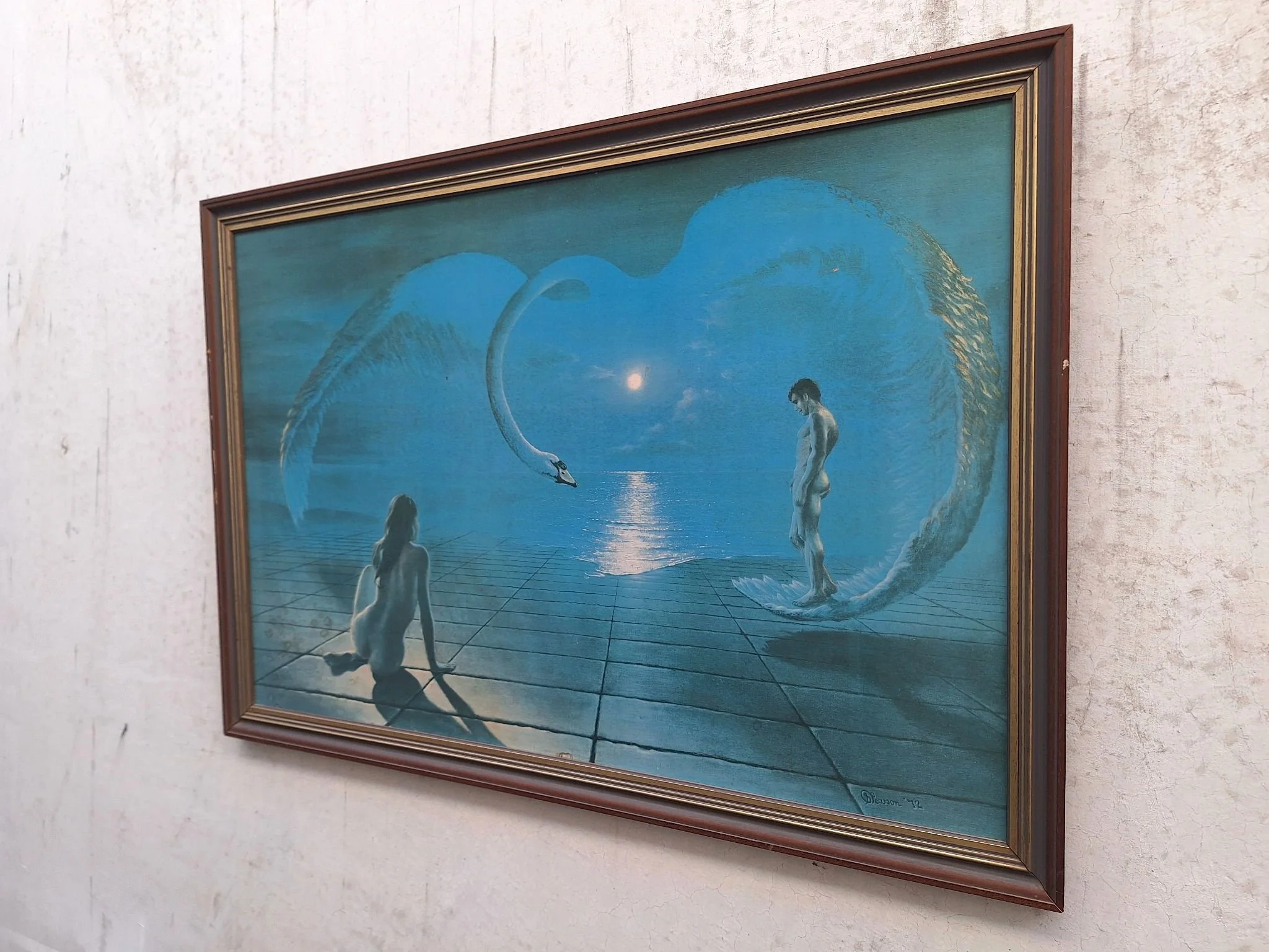 Vintage Wings of Love framed print with moonlit swan heart design in original timber frame