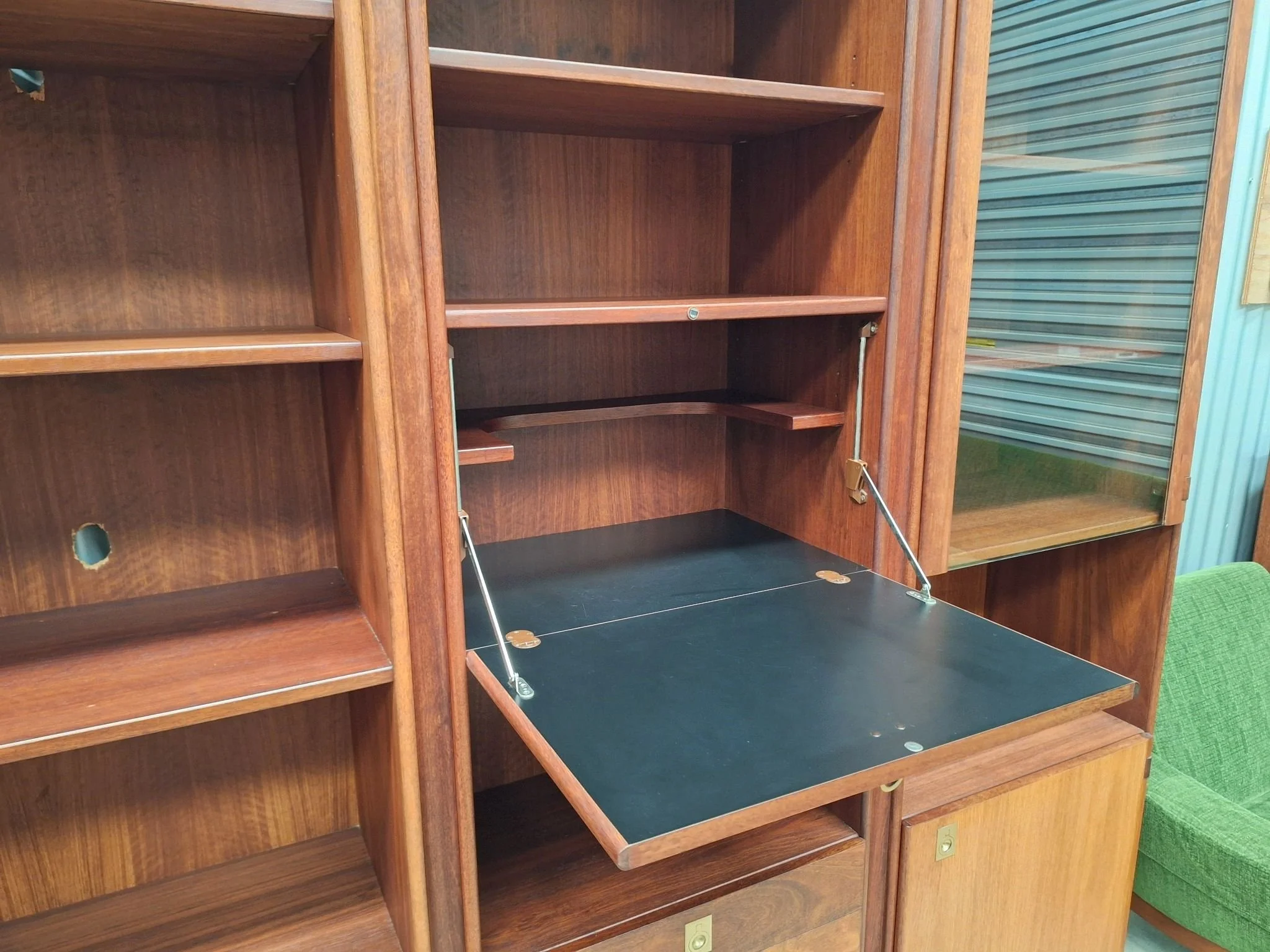 kush interiors mid-century teak wall unit drop down bar