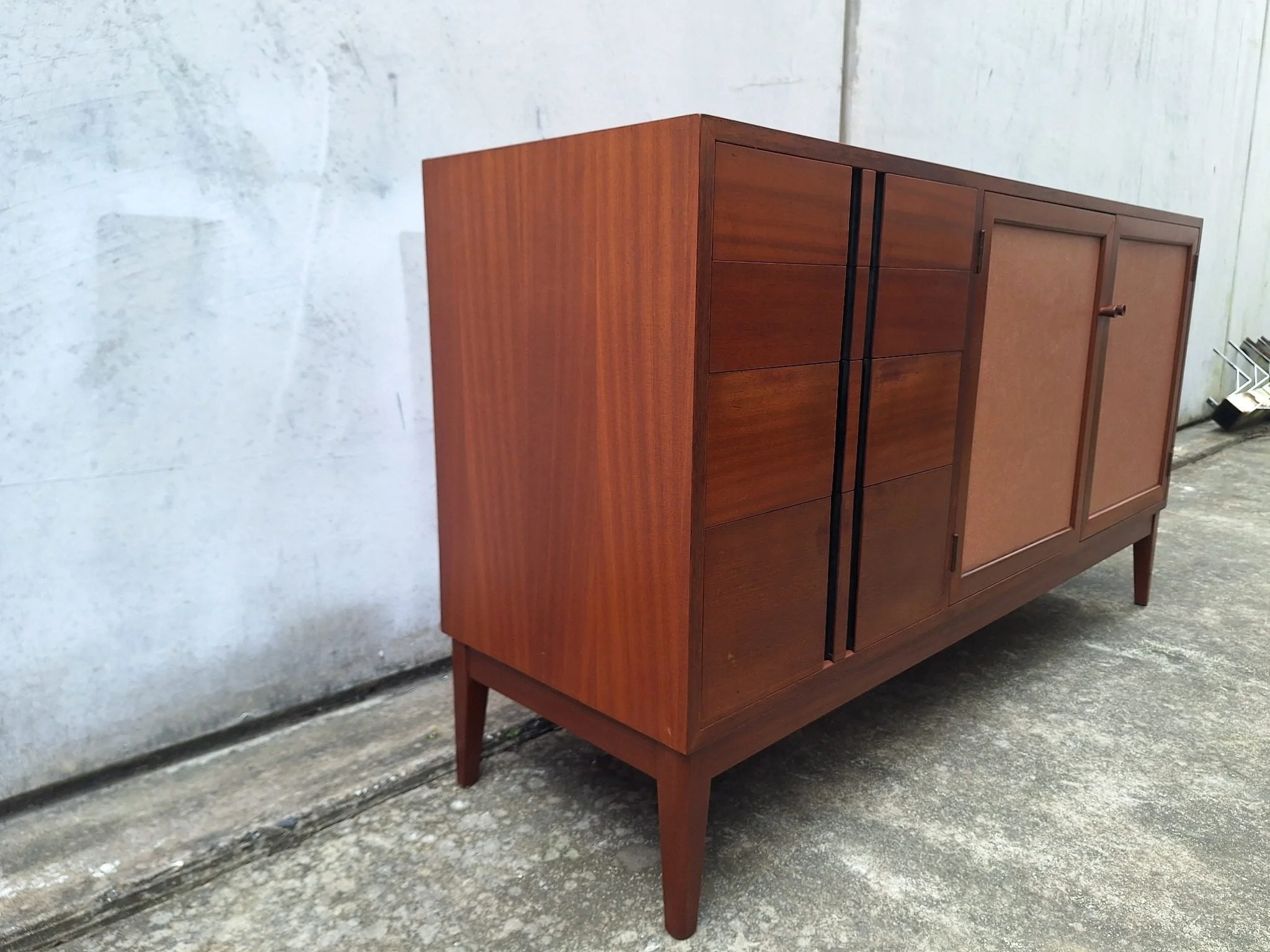Professionally restored mid century timber sideboard with four drawers, tan vinyl inlay cabinet doors and adjustable shelving.