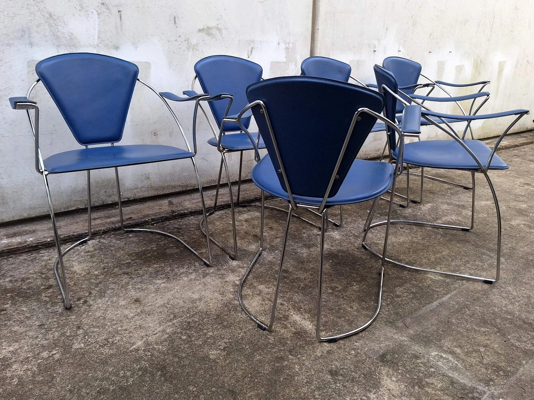 postmodern blue chrome dining chairs rear angle