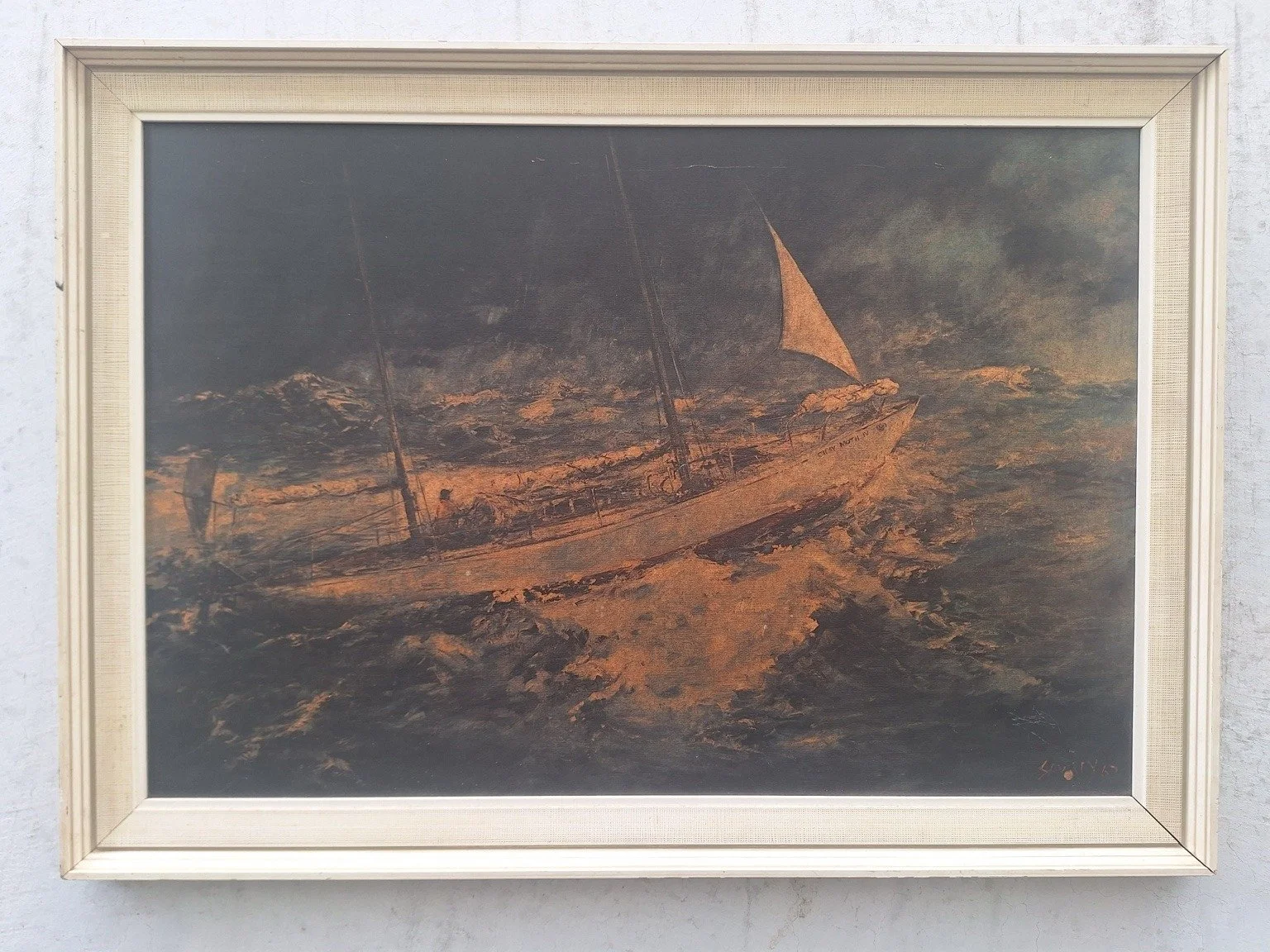 Closer overall view of the ship, rough seas and pale frame.