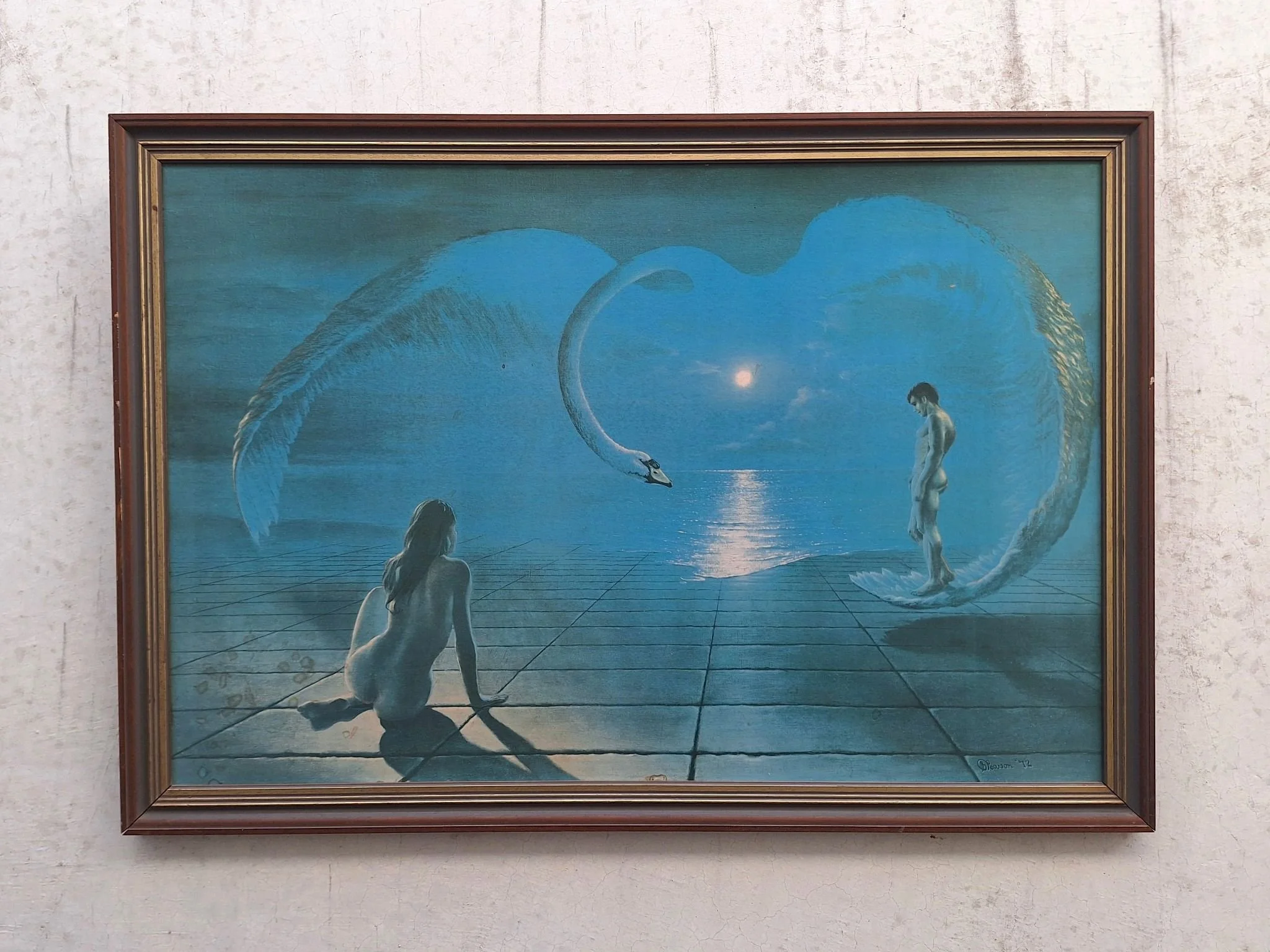 Vintage Wings of Love framed print with moonlit swan heart design in original timber frame