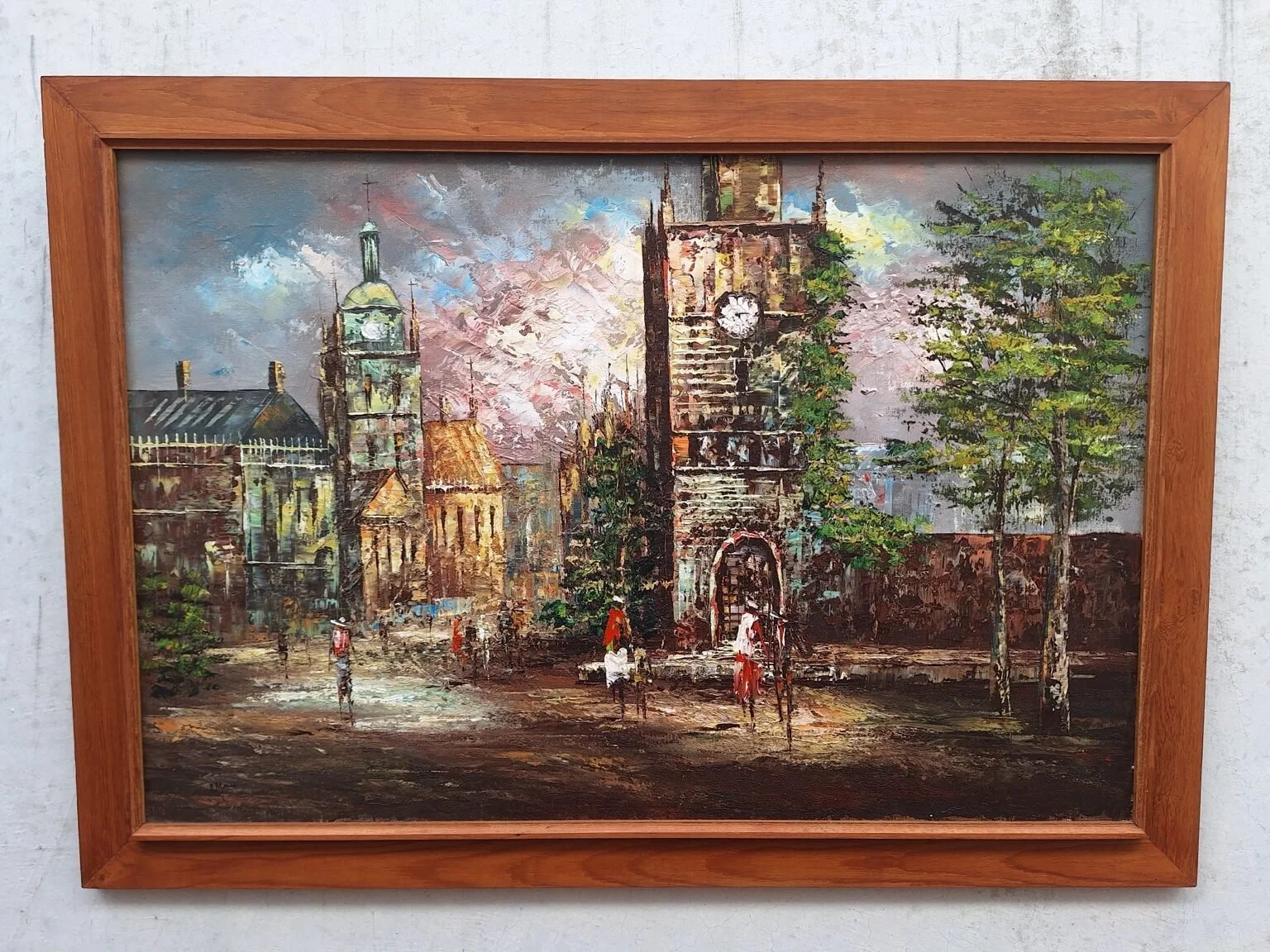 Vintage Signed Street Scene Oil Painting in Timber Frame