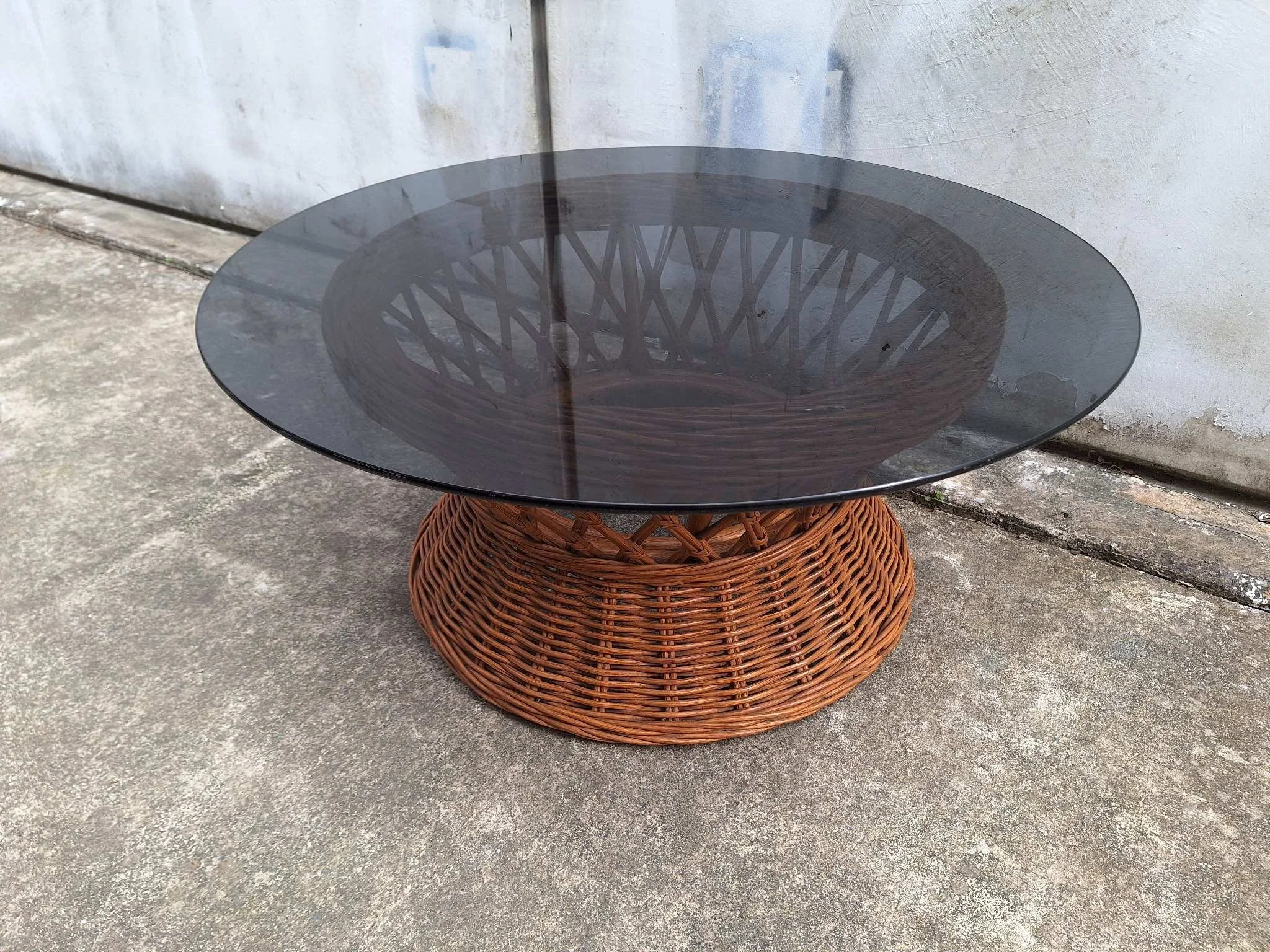 Vintage cane coffee table with smoked glass top