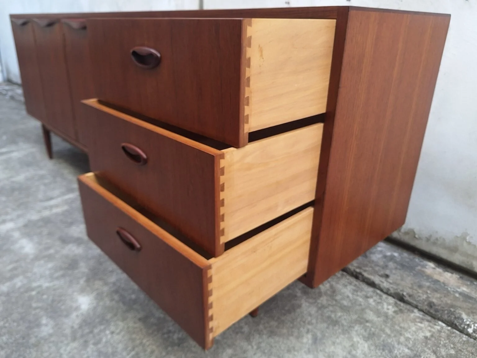 Three open dovetailed drawers showing the timber drawer construction of the Chiswell sideboard.