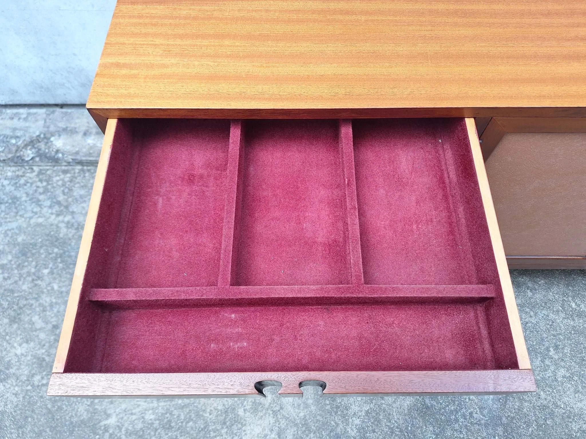 Professionally restored mid century timber sideboard with four drawers, tan vinyl inlay cabinet doors and adjustable shelving.