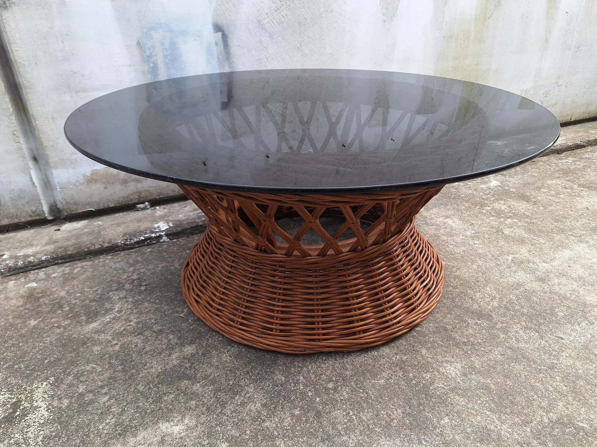 Vintage cane coffee table with smoked glass top