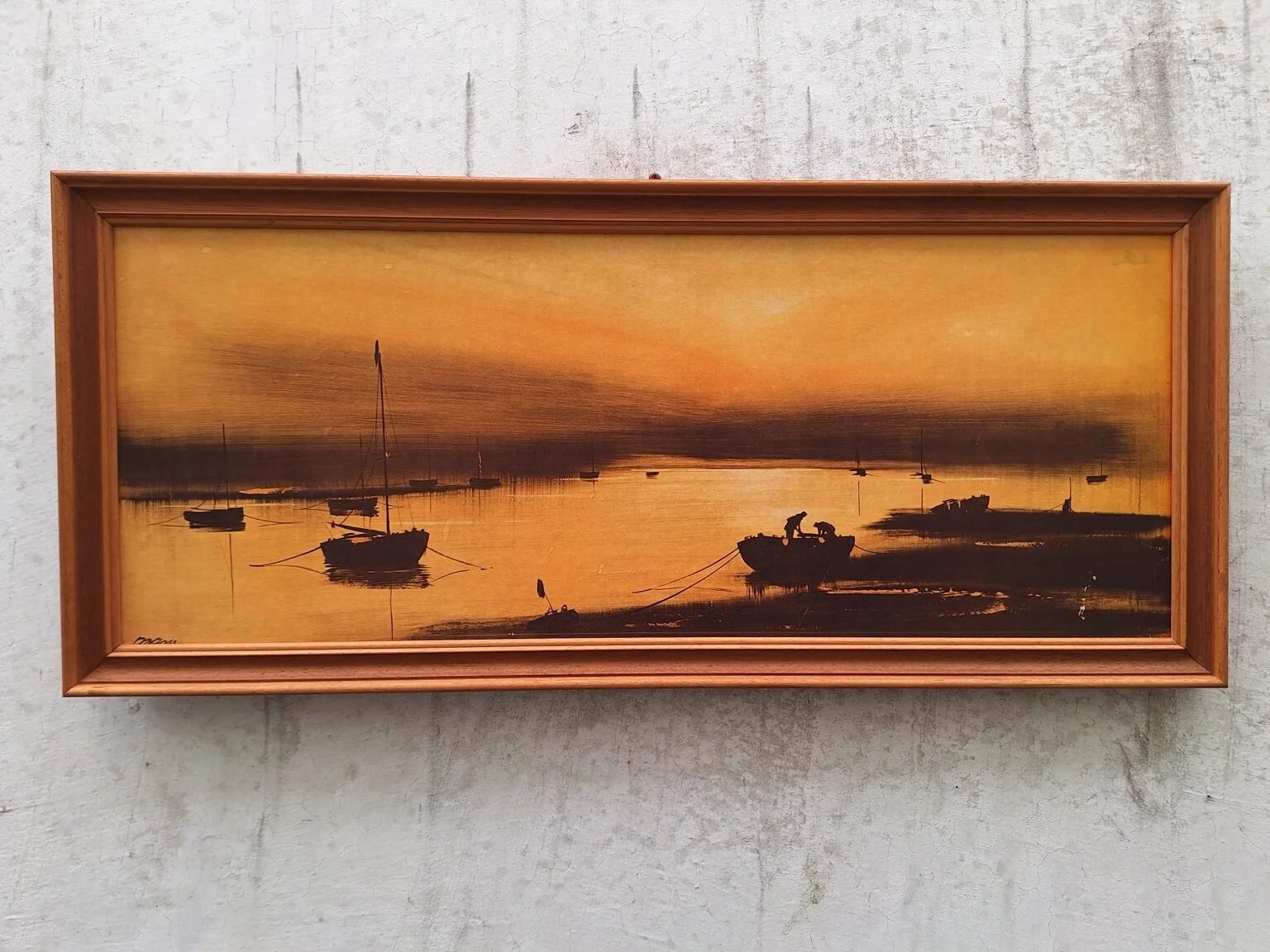 Signed Vintage Harbour Scene Print in Timber Frame