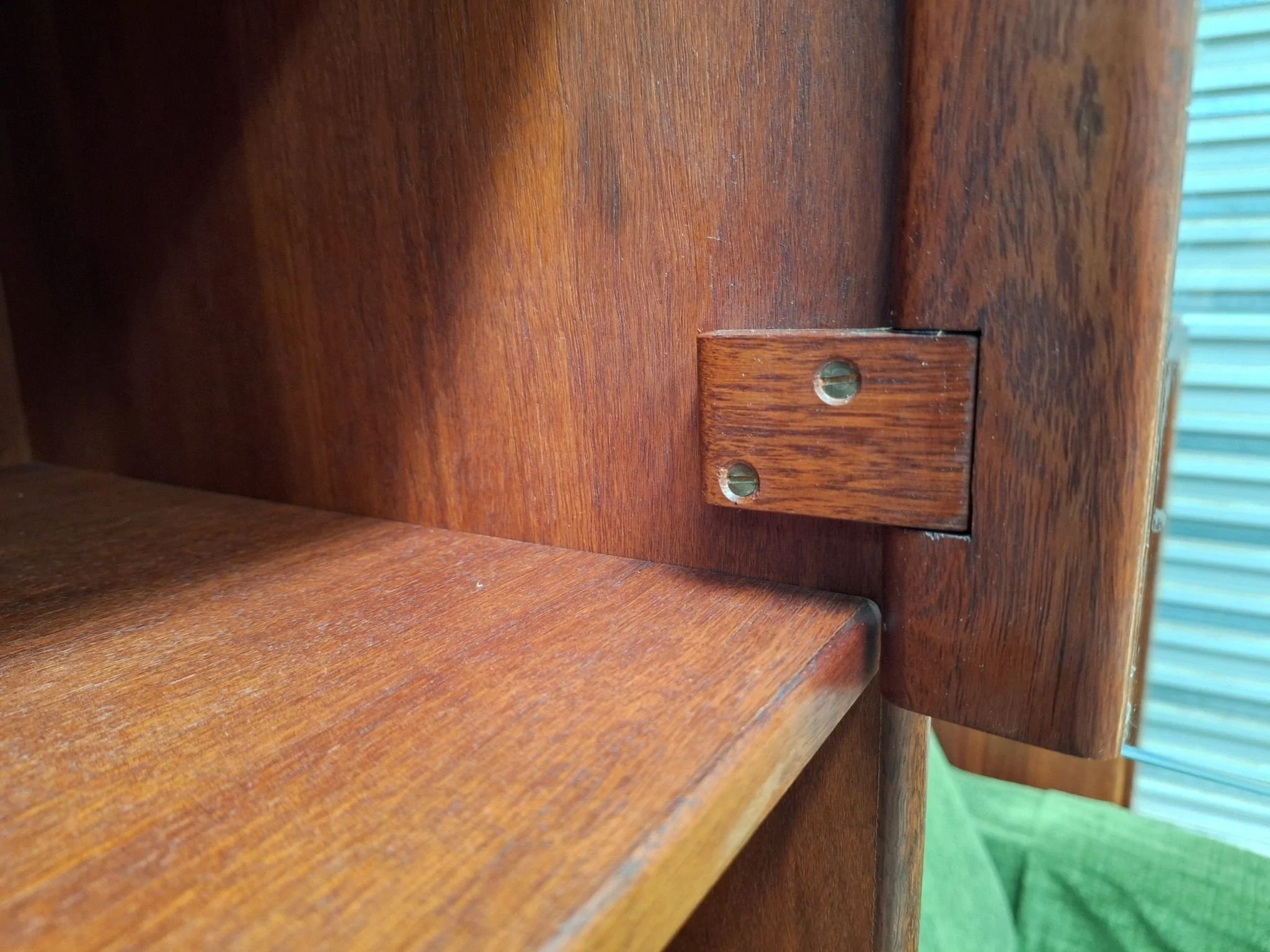 kush interiors mid-century teak wall unit shelf detail