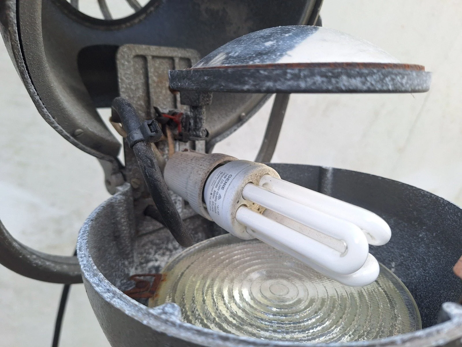 Open housing of lamp No. 1 showing its converted bulb fitting, globe and glass lens.