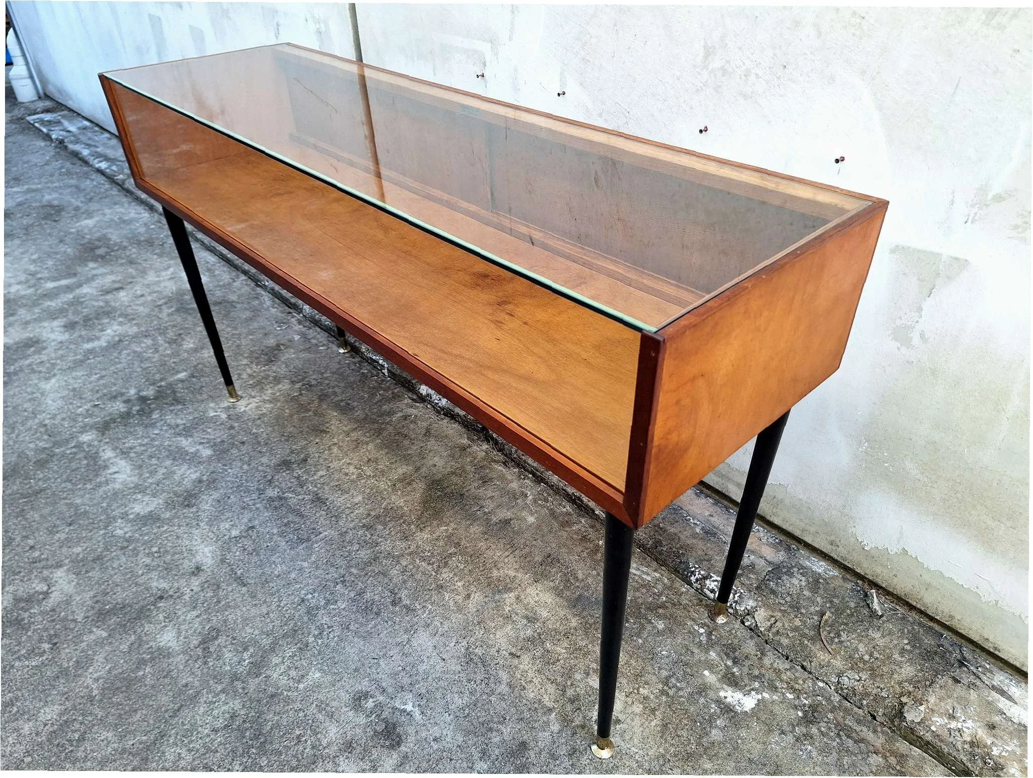 mid-century glass display cabinet perspective