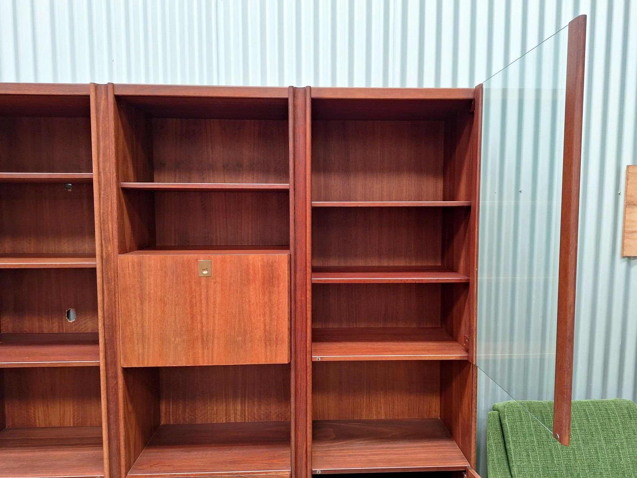kush interiors mid-century teak wall unit glass cabinet