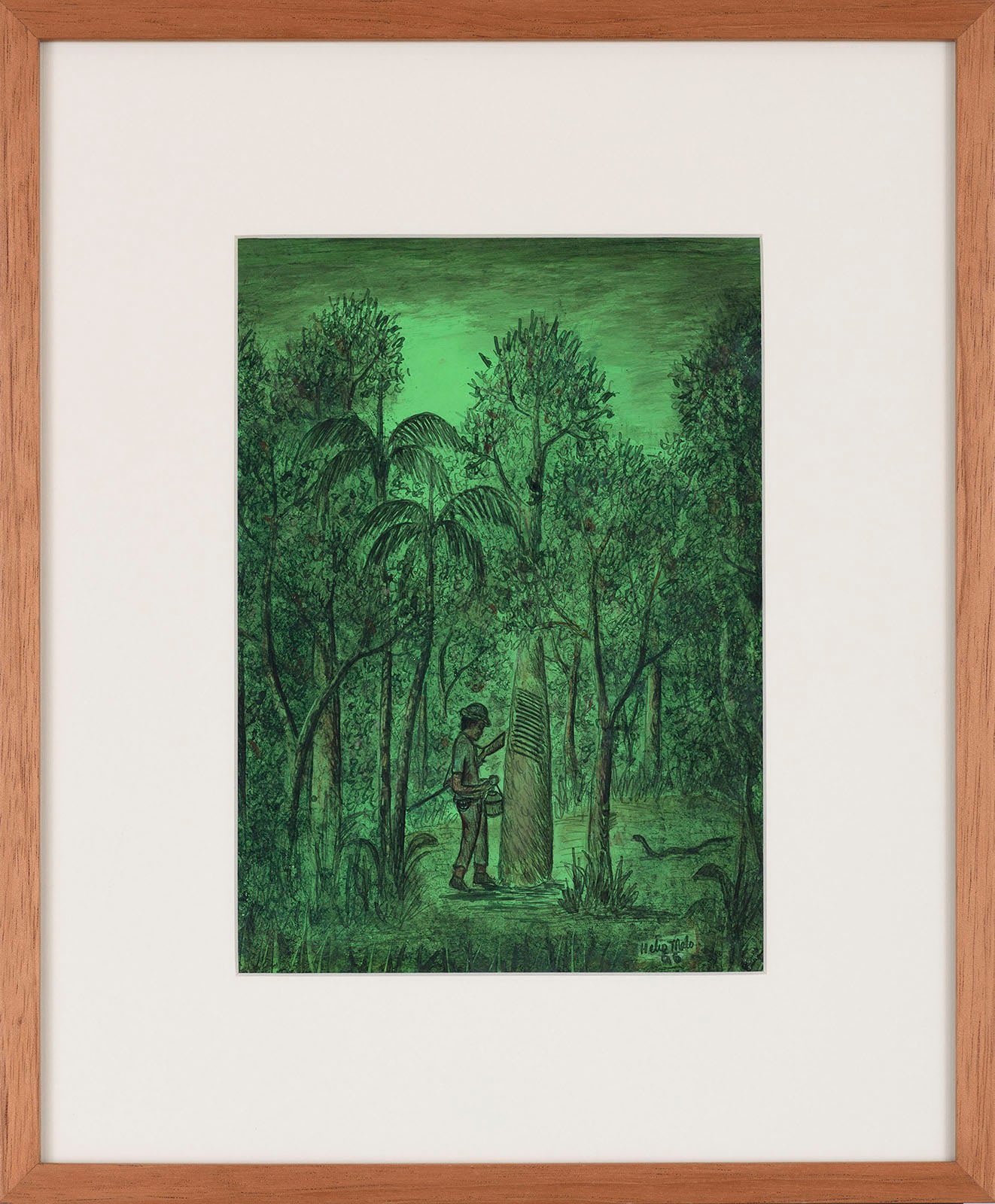 Hélio Melo "Cortando seringa," 1996 ink and leaves' extract on paper 11 x 7 7/8 inches