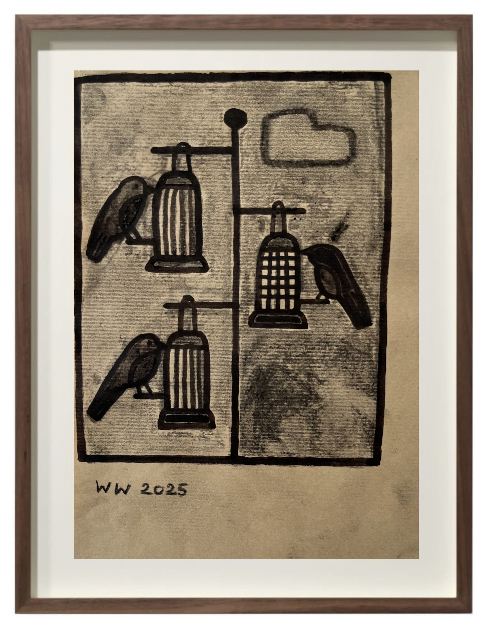 William Wright "Bird Feeders," 2025 Charcoal and ink on Kraft paper 11 3/4 x 8 1/4 in (31 x 20 cm)
