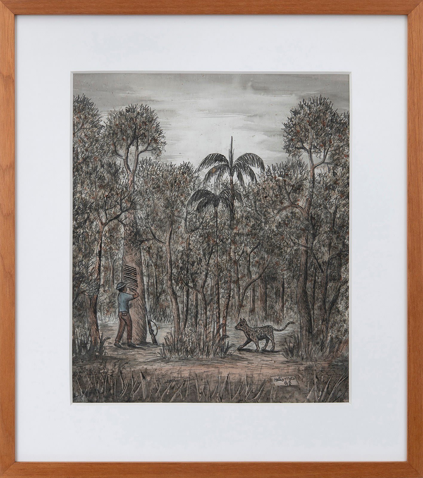 Hélio Melo "Cortando seringa," 1995 ink and leaves' extract on cardboard 13 1/4 x 11 1/4 inches
