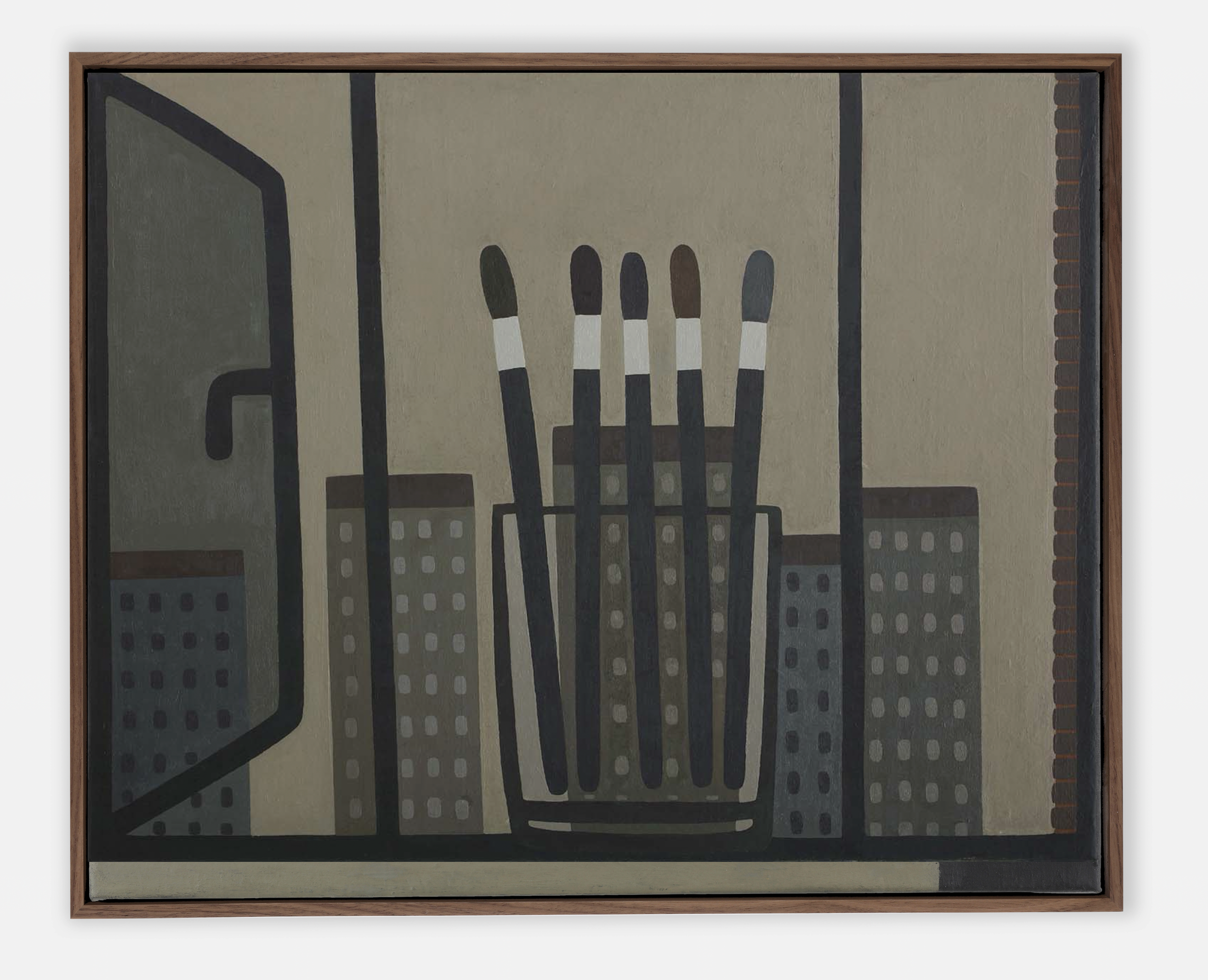 William Wright "Studio Window with Brushes," 2025-26 Oil on canvas 14 x 18 in (36 x 46 cm)