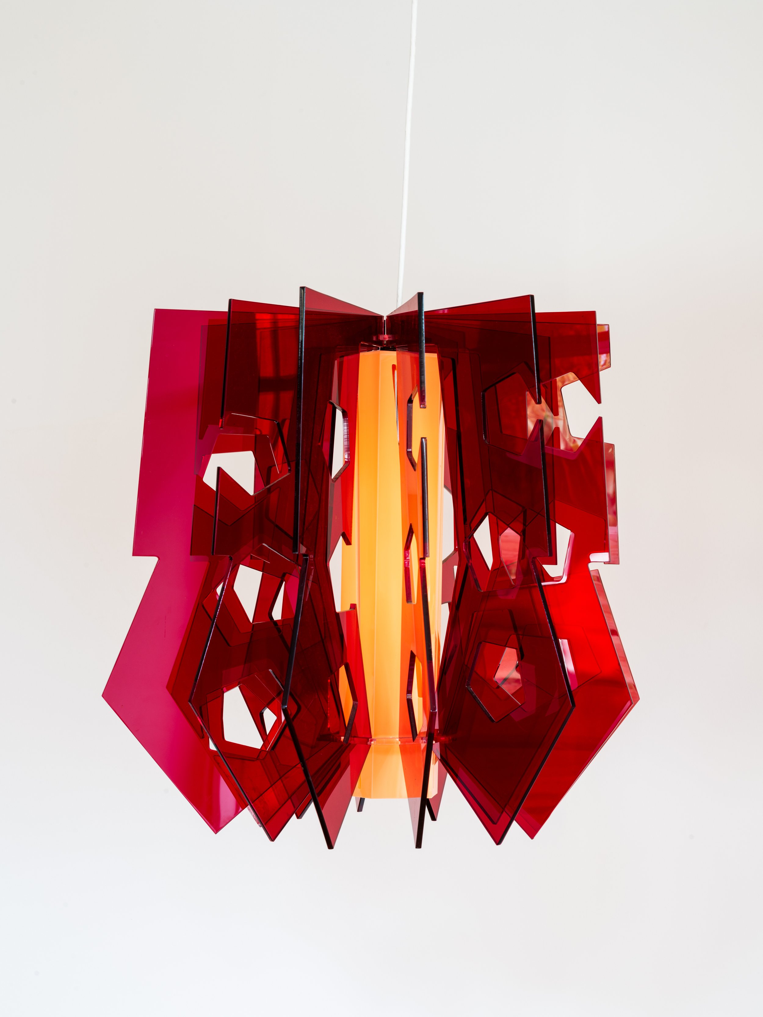 Jorge Pardo "Untitled (Set of 4 red lamps)," 2002 Plexiglass with light fixtures and electrical wiring 21 1/2 x 18 x 18 inches