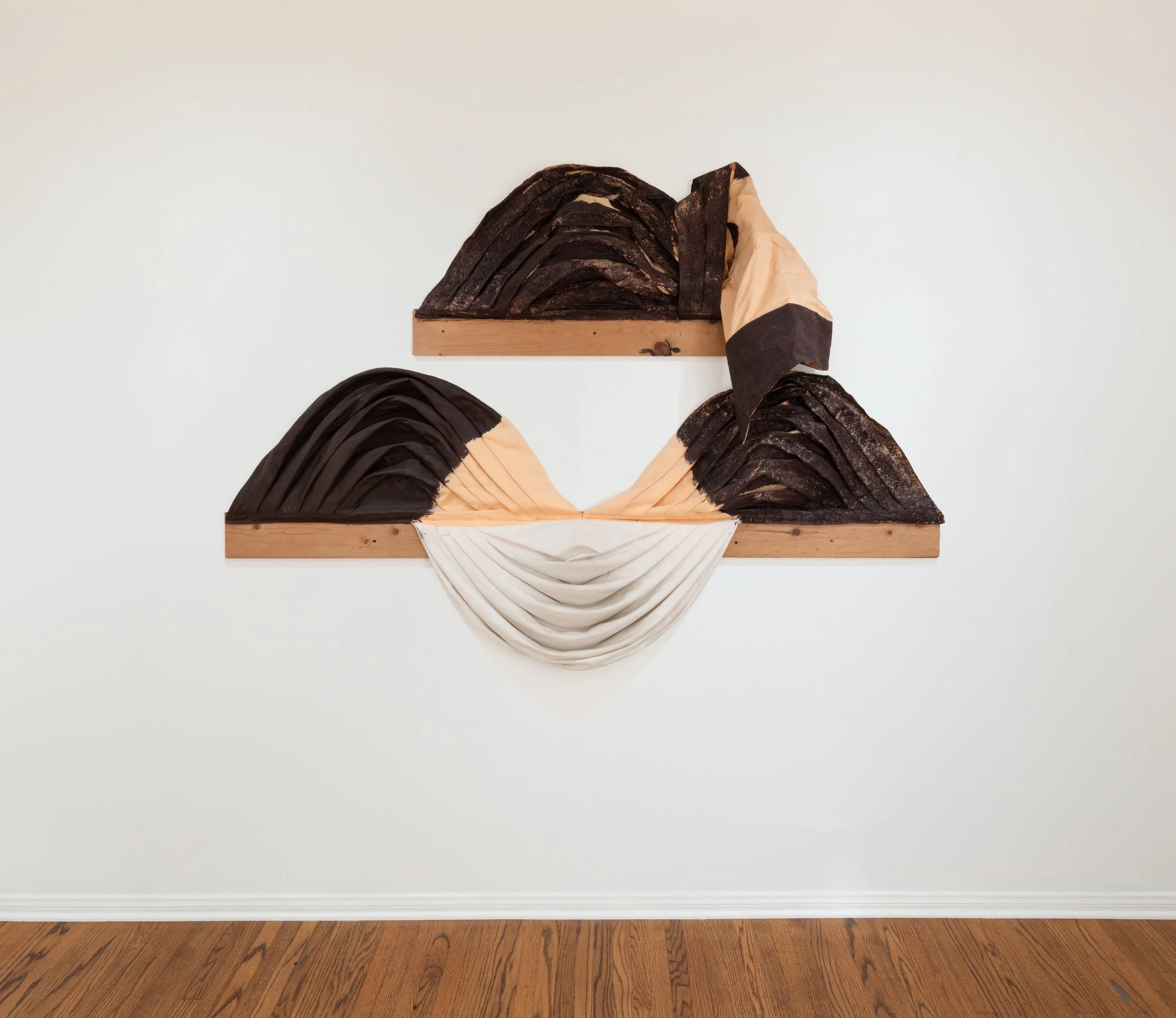 Zenobia Lee "Ash Fall (pastoral), 2025 Linen curtains, plywood, house paint, oyster shell 80 x 405 in (203 x 91 cm)