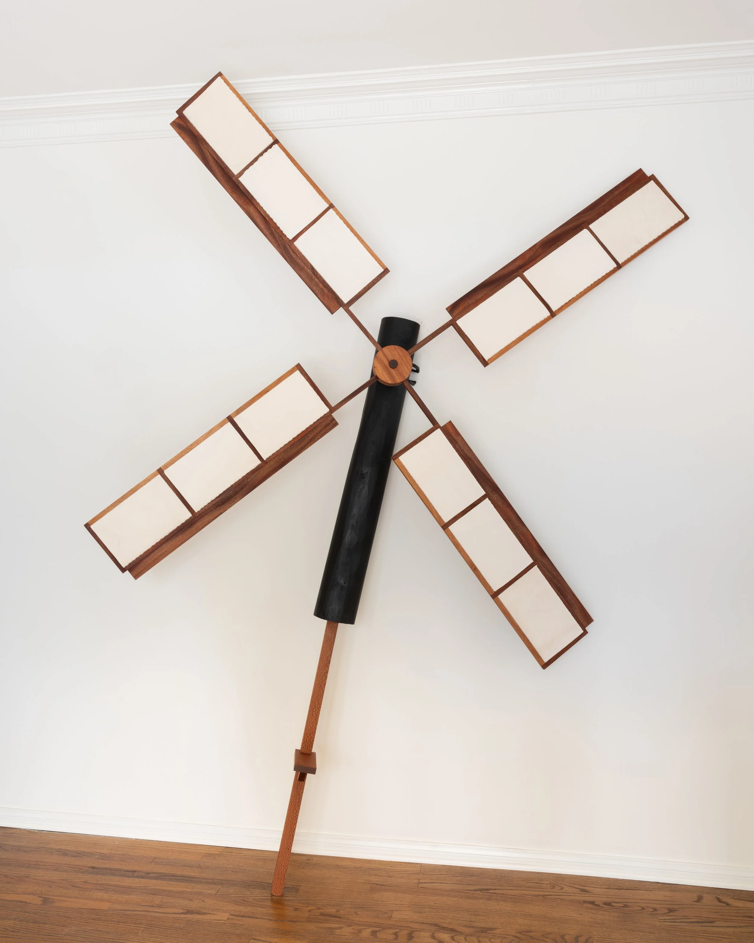 Zenobia Lee "Moko," 2026 Carved ebony, mahogany, goat leather panels 108 x 86 1/2 x 8 in (274 x 220 x 20 cm)