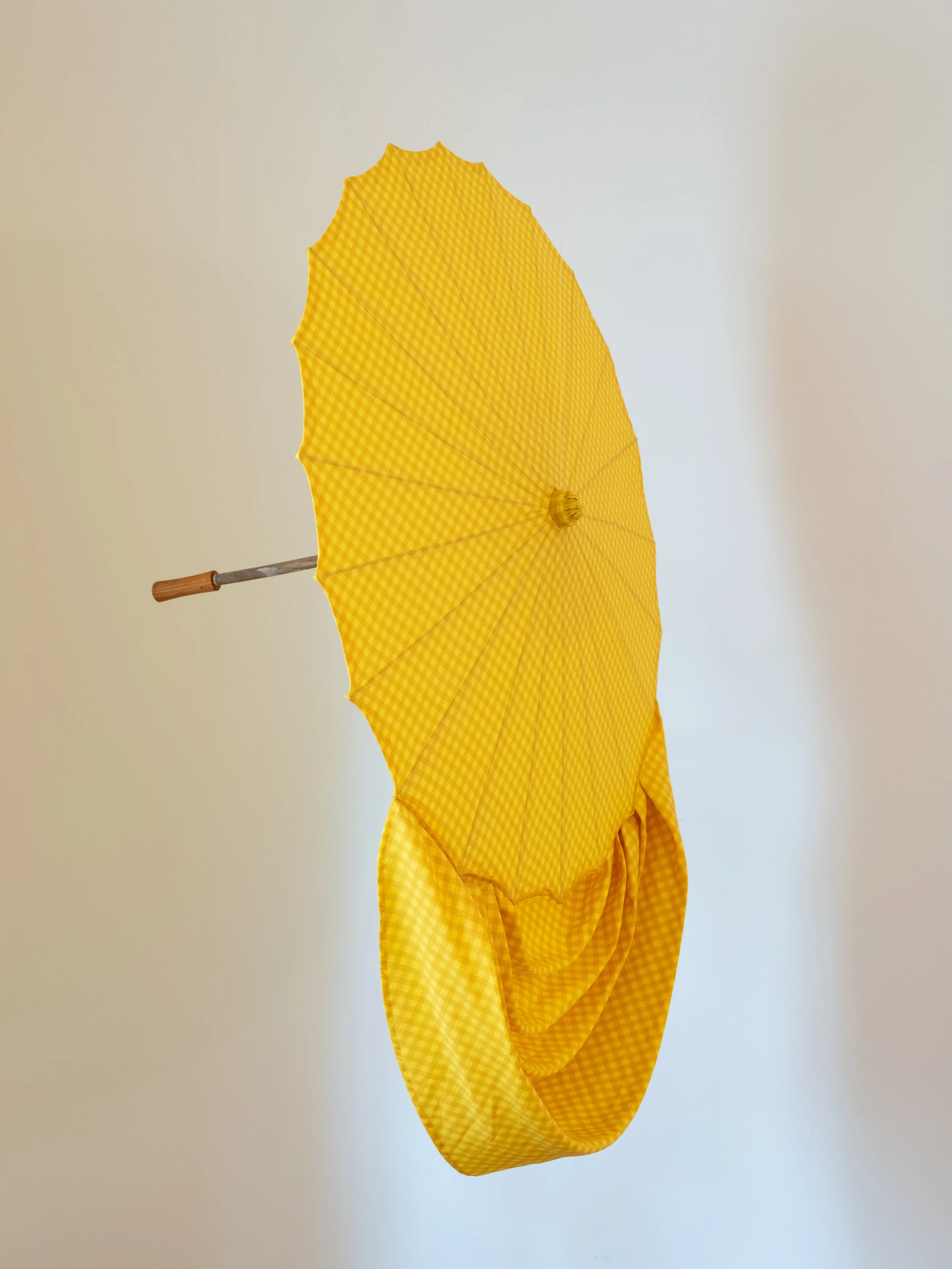 Zenobia Lee "My Father have a house top on one post," 2025 Gingham fabric from Bahia, Chinatown parasol armature 32 1/2 x 32 1/2 x 30 in (83 x 83 x 76 cm) 1 of 50 (unique)