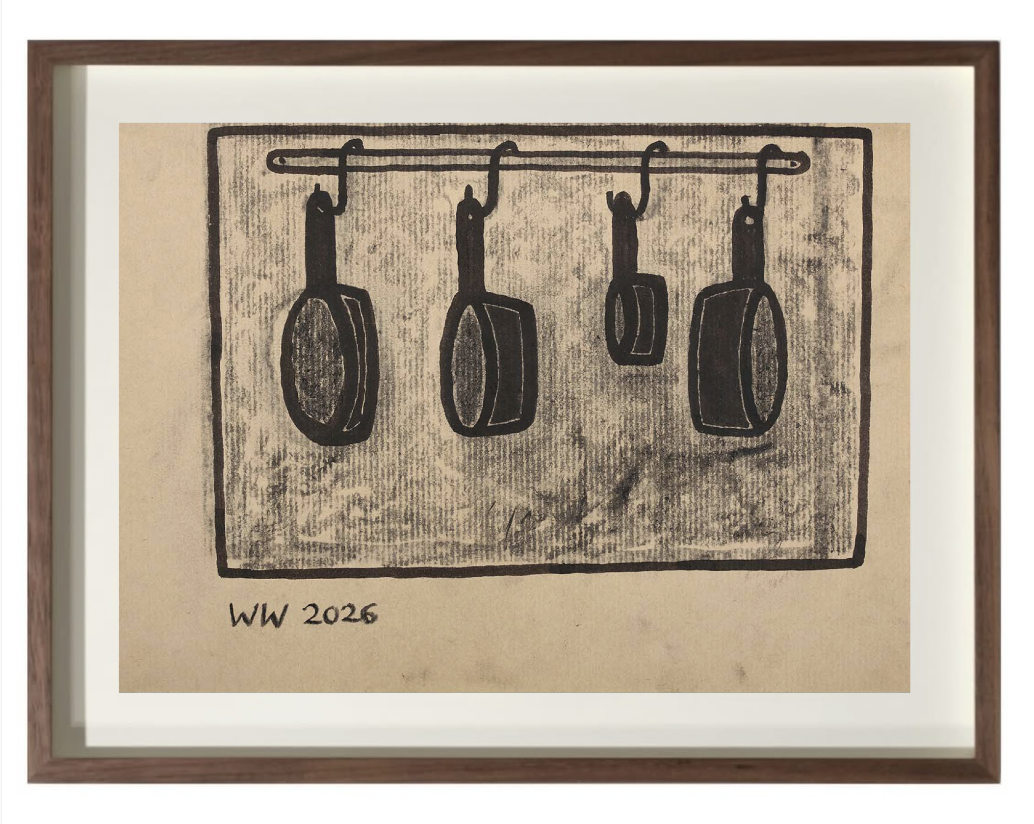 William Wright "Pan Rack," 2026 Charcoal and ink on Kraft paper 8 1/4 x 11 3/4 in (21 x 30 cm)