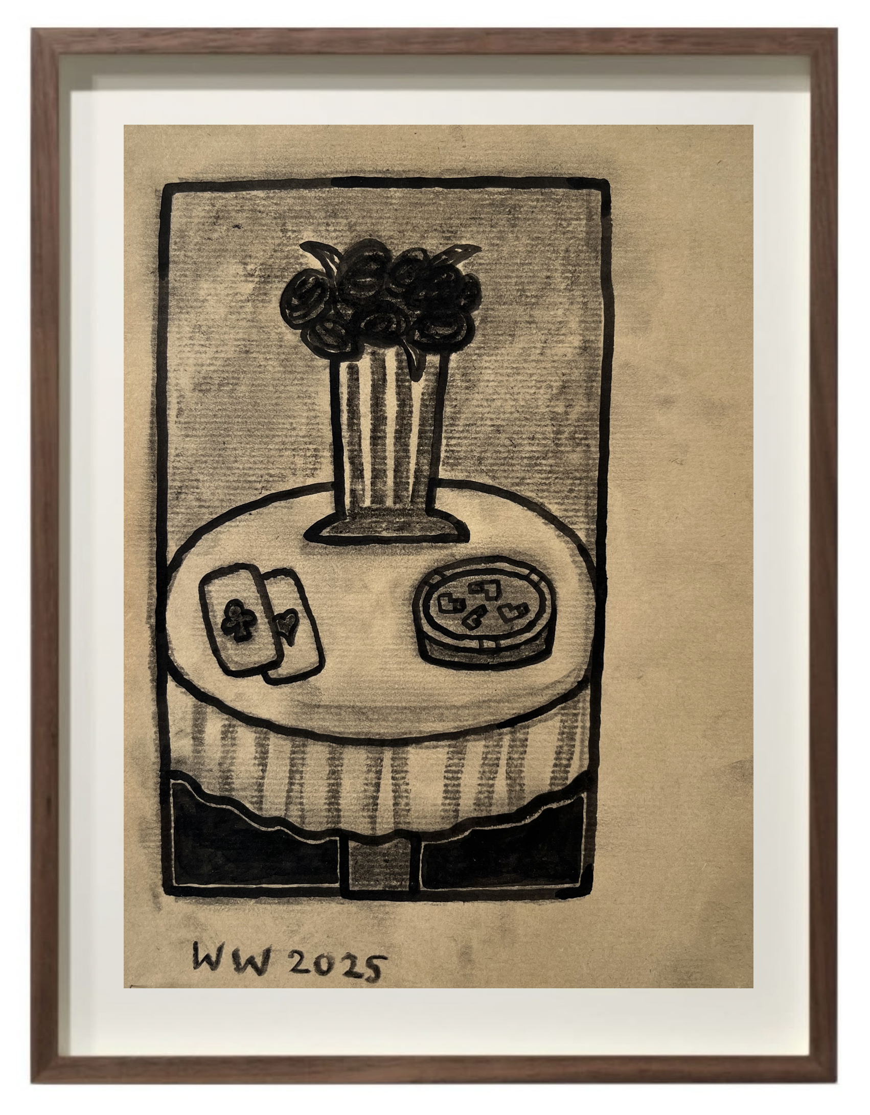 William Wright "Still-Life with Playing Cards," 2025 Charcoal and ink on Kraft paper 11 3/4 x 8 1/4 in (30 x 20 cm)