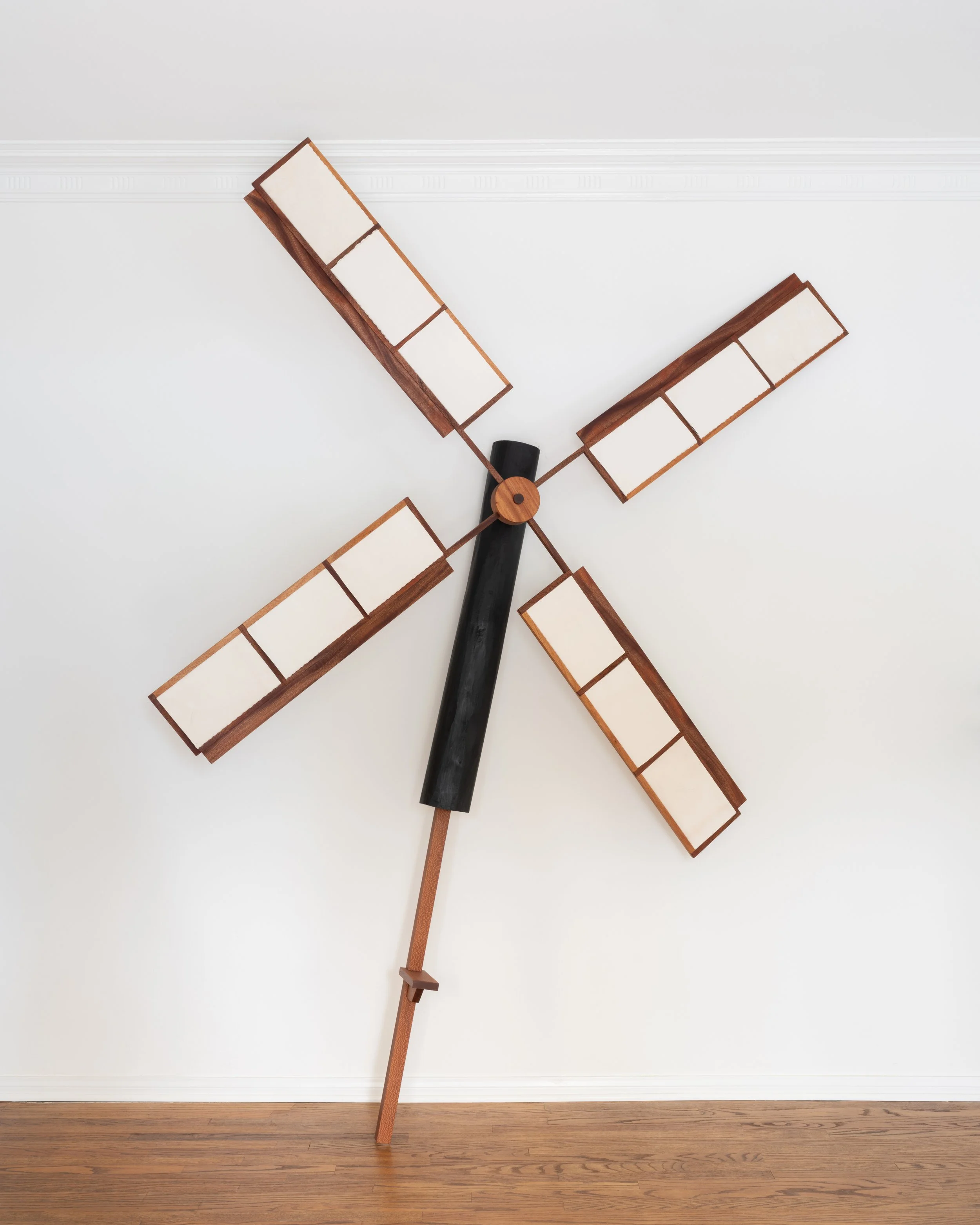 Zenobia Lee, "Moko," 2026 Carved ebony, mahogany, goat leather panels 108 x 86 1/2 x 8 in (274 1/3 x 219 3/4 x 20 1/3 cm)