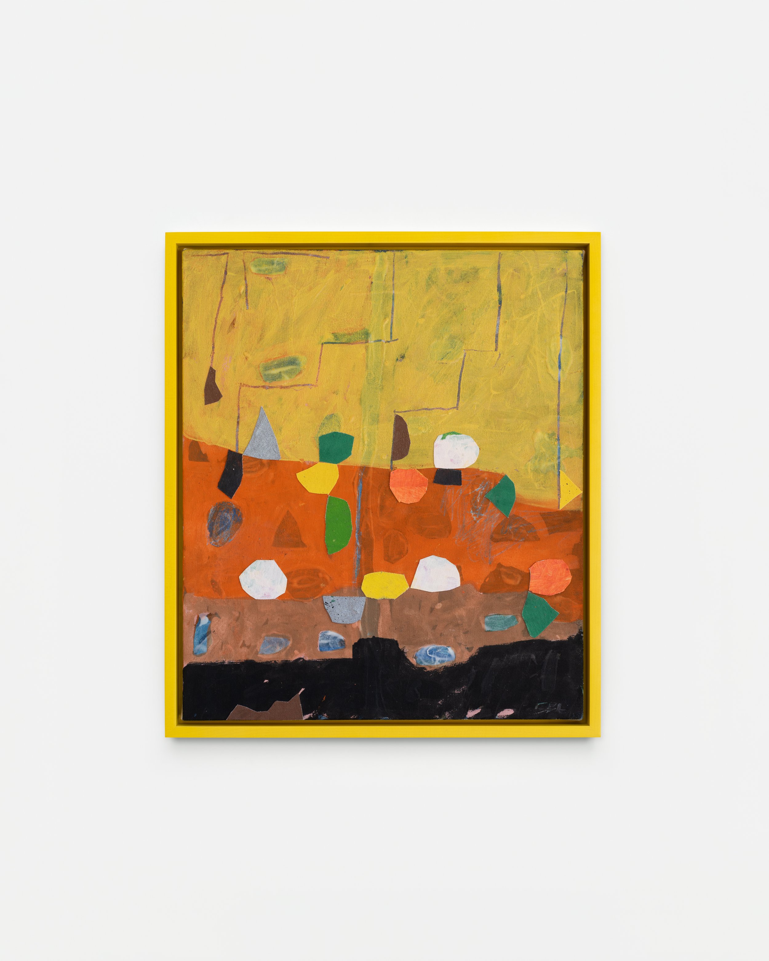 Strauss Bourque-LaFrance "Earth Layer Song," 2023 Flashe, acrylic, collaged canvas, adhesives, artist frame 22 x 19 x 2 inches
