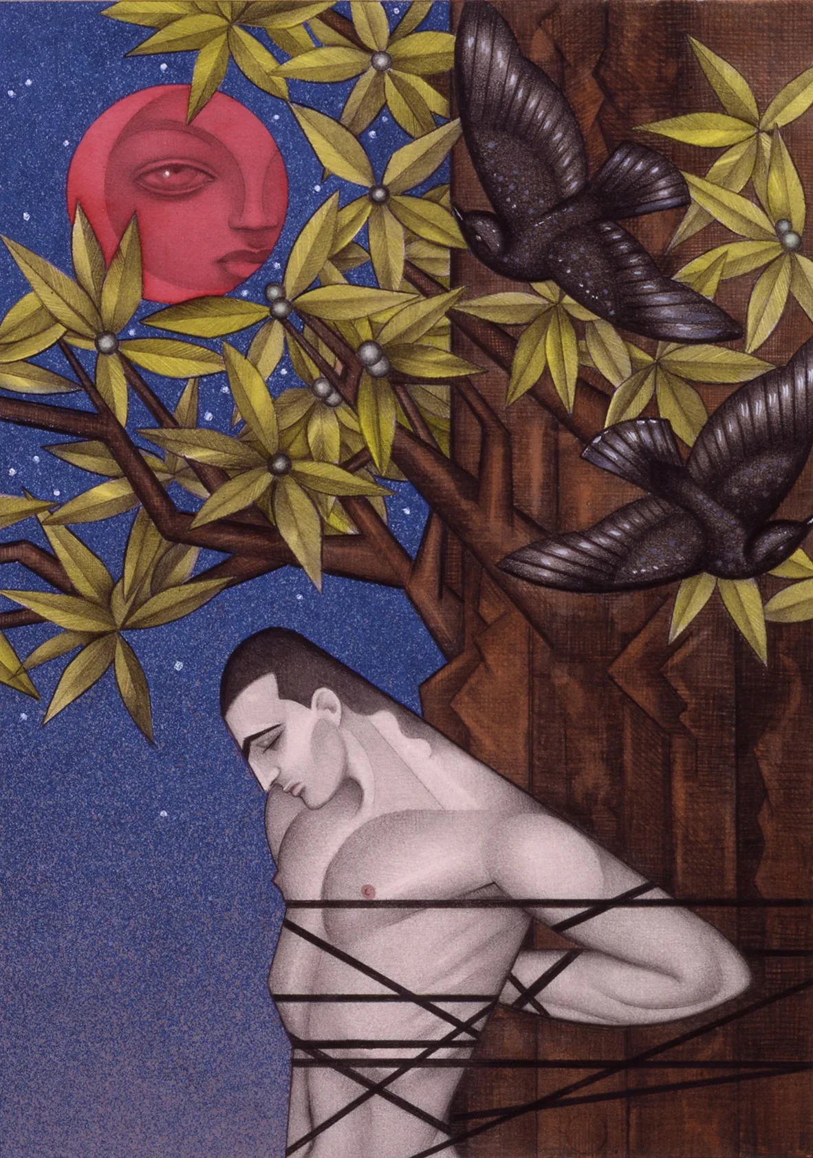 "Bound Man" 1980 Graphite, dye, and gouache on board 11 x 9 inches