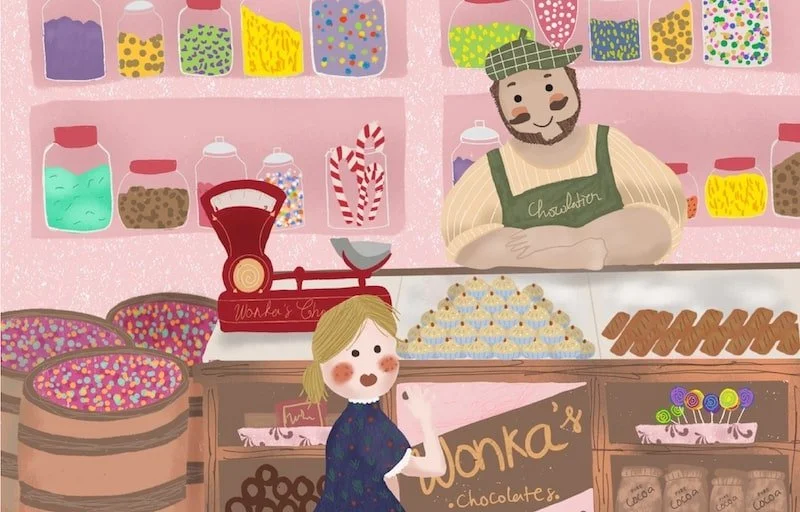 A cheerful illustration of a candy shop with colorful jars of candies on pink shelves, a vintage scale, a smiling shopkeeper with a green cap and apron, and a young girl with blonde hair and a blue dress pointing at chocolate treats.