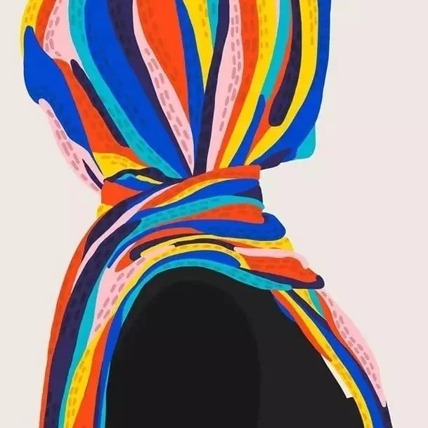 Close-up of a colorful, abstract painting resembling a scarf or fabric wrapped around an object, with bold, multicolored strokes.