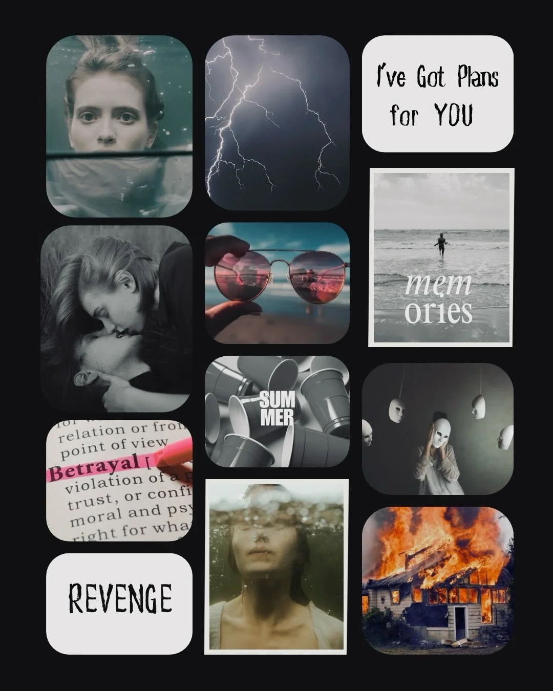 A little mood board for this cold grey Sunday here in Maryland. My second novel, coming October 2026 from @sourcebooksfire is called I&rsquo;VE GOT PLANS FOR YOU and follows an extremely toxic frenemyship at a remote beach house as they make their fe