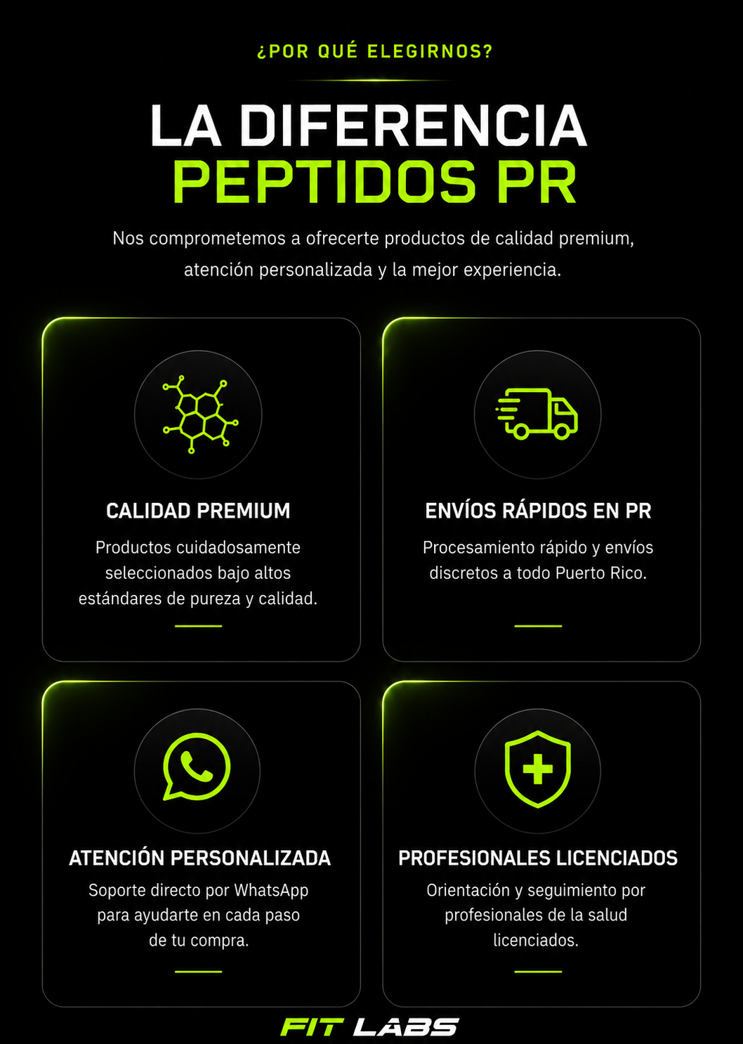 Afiche promocional en fondo negro con texto en neón verde y blanco, destaca ventajas de Peptidos PR, incluyendo calidad premium, envíos rápidos, atención personalizada vía WhatsApp y profesionales licenciados.