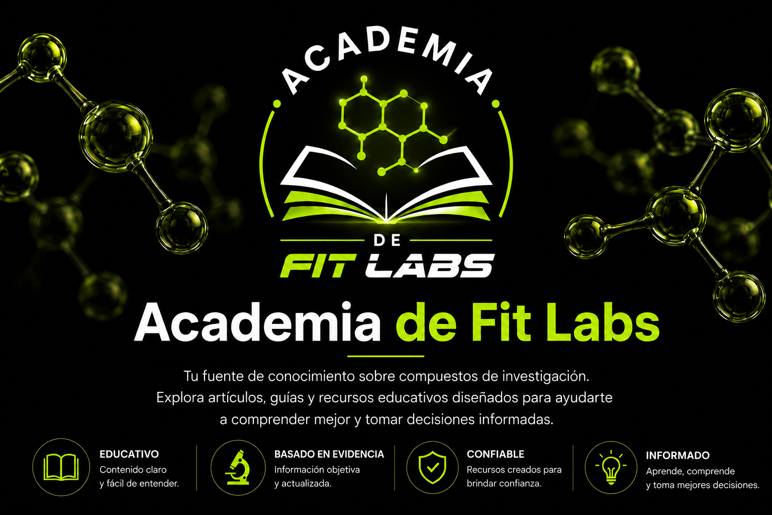 Logotipo de la Academia de Fit Labs con moléculas y libro digital en fondo negro.
