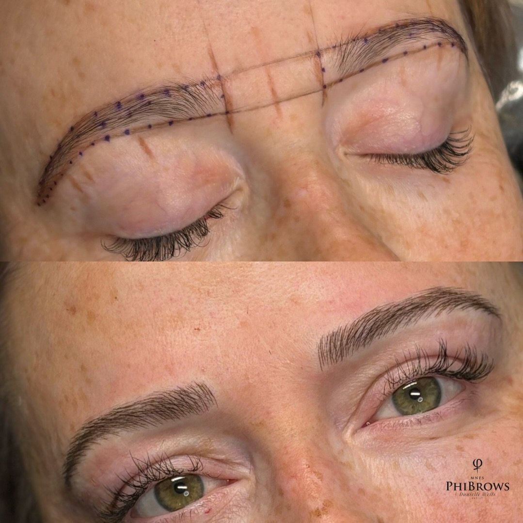 What the customer desired: 

&bull; even brows 
&bull; left brow under arch to be filled in as much thinner than other side
&bull; very natural and conservative, not too filled in. 
&bull; age appropriate brows 

What we did - microblading with hair 