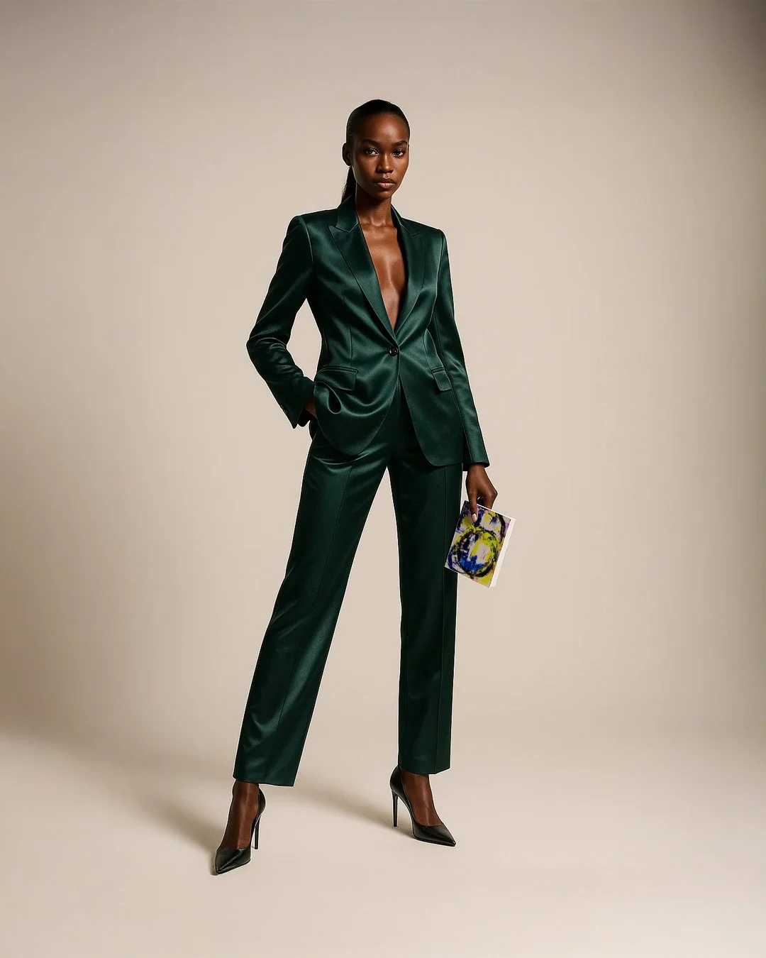 A woman in a dark green satin pantsuit, black high heels, holding a colorful notebook, standing with one hand in her pocket against a plain beige background.