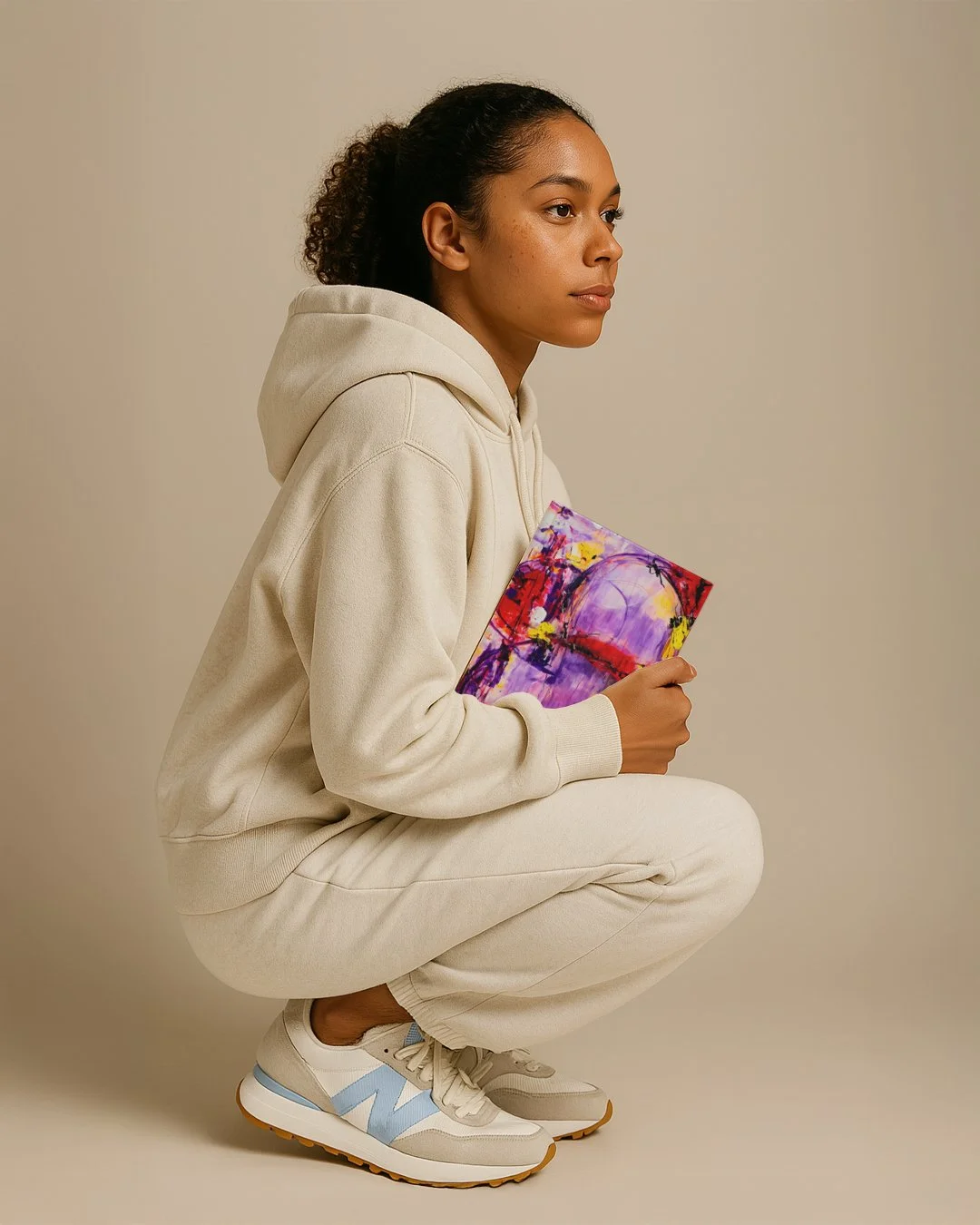 A young woman in a beige hoodie and matching sweatpants is squatting and holding a colorful abstract painting, against a plain beige background.
