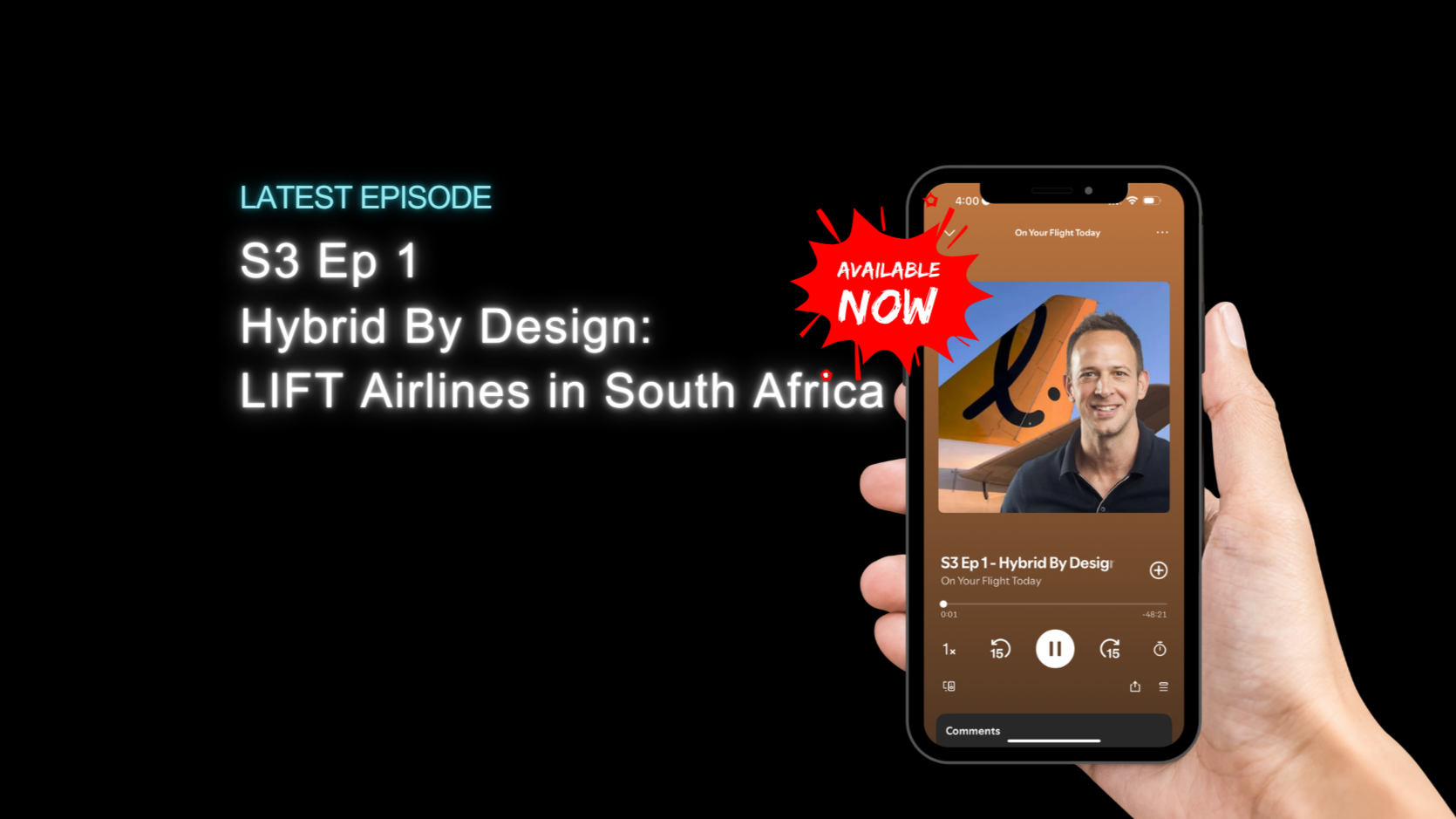 Lastest Episode - S3 Ep 1 Hybrid By Design, LIFT Airlines in South Africa
Image of mobile phone with podcast episode playing.