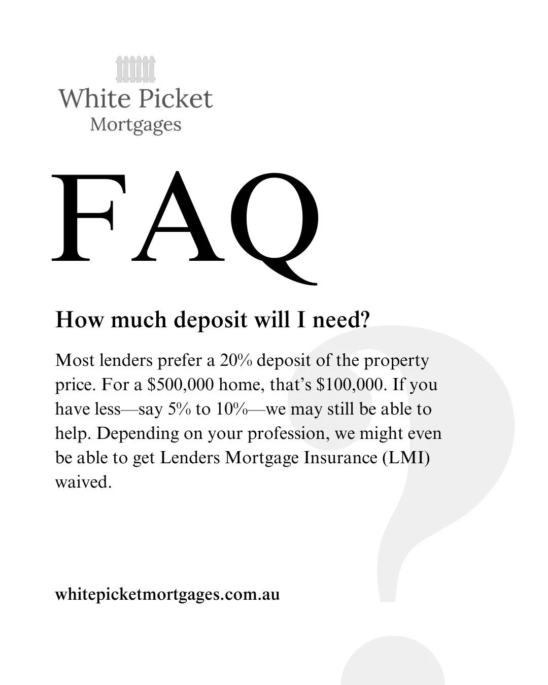 Got less than a 20% deposit? You can still buy your dream home! 🏠

Even if you&rsquo;ve only saved 5&ndash;10%, there are ways we can help you make it happen. Plus, depending on your profession, you could even avoid paying Lenders Mortgage Insurance