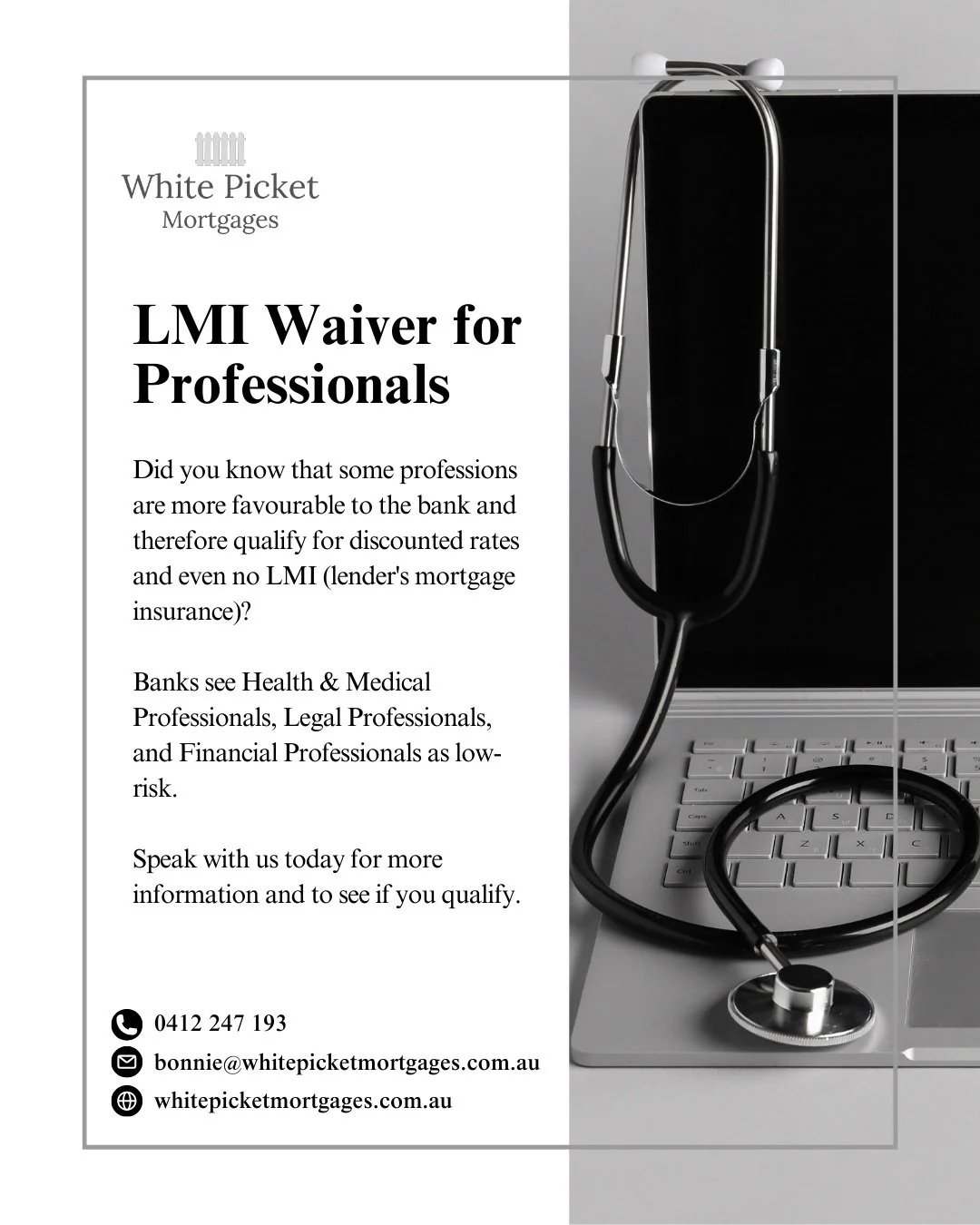 Some professions may qualify for discounted rates and no LMI. If you work in health, law, or finance, you could save on upfront costs.

To see if you&rsquo;re eligible, leave us a message or contact White Picket Mortgages at:

💻 www.whitepicketmortg