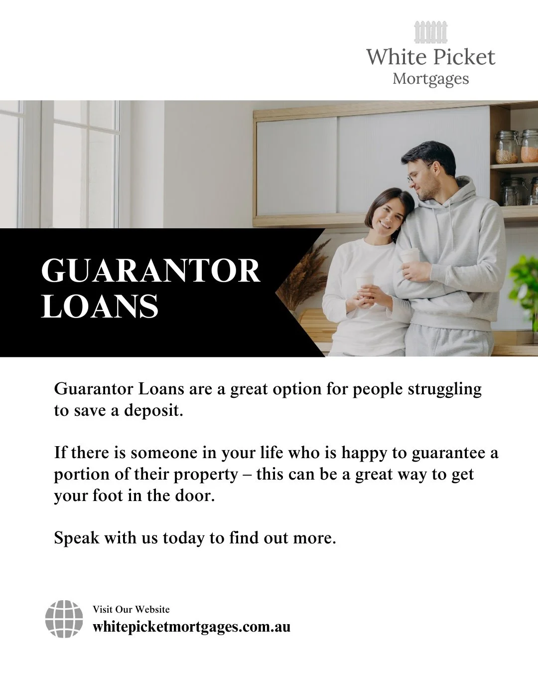 Struggling to save a full deposit?

A guarantor loan could help you get into your first home sooner by using family support instead of cash.

To see if this option is right for you, leave us a message or contact White Picket Mortgages at:

💻 www.whi
